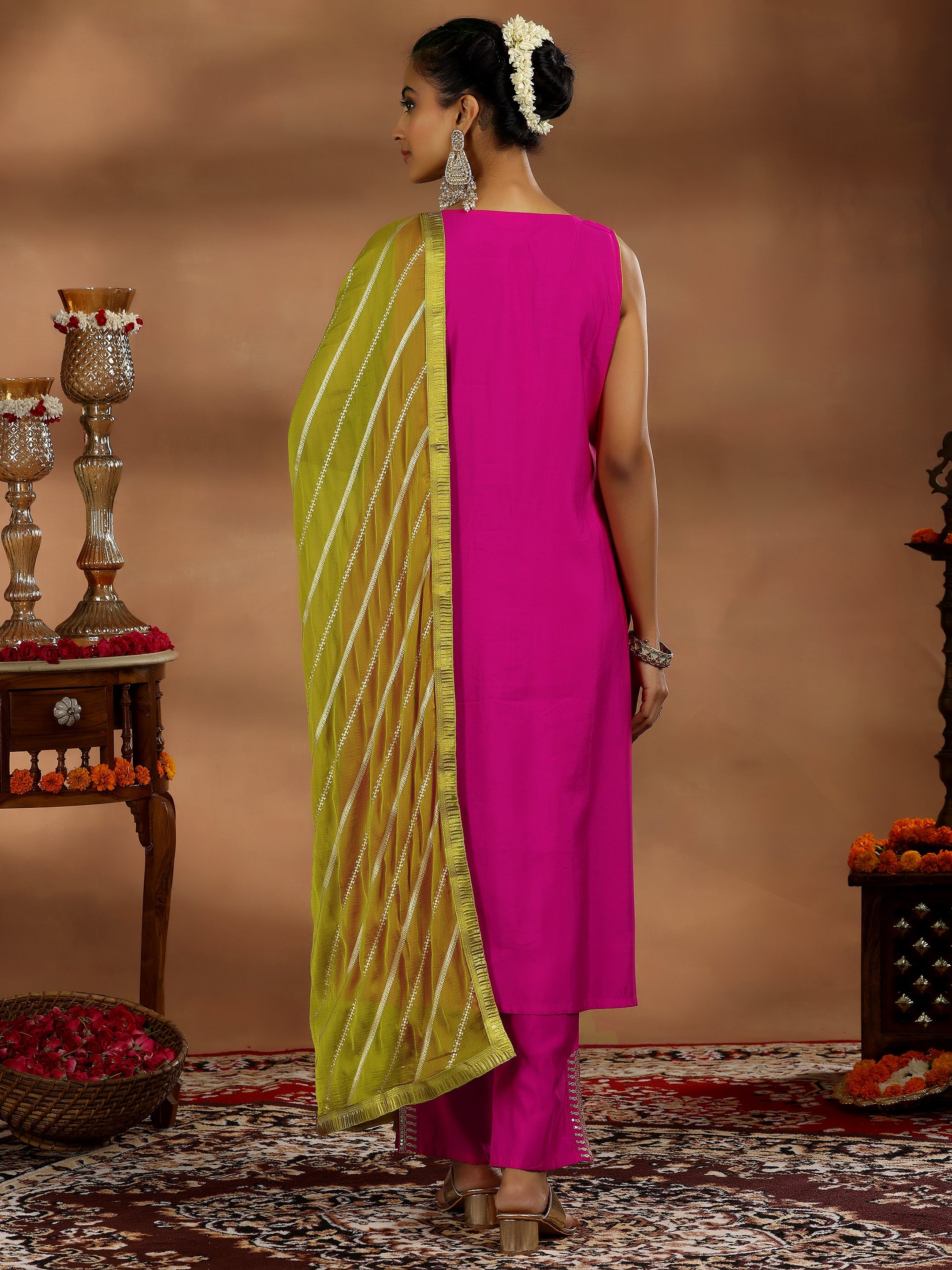 Pink Embroidered Silk Blend Straight Suit With Dupatta