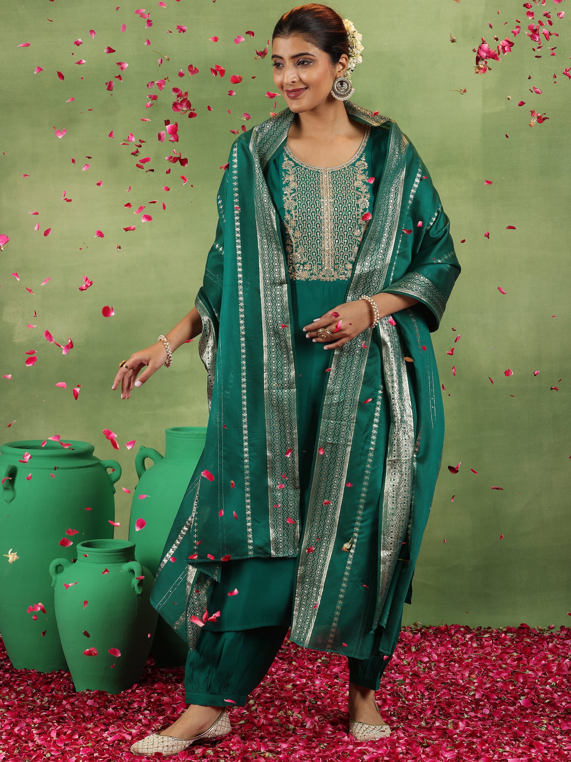 Green Yoke Design Silk Blend Straight Suit With Dupatta