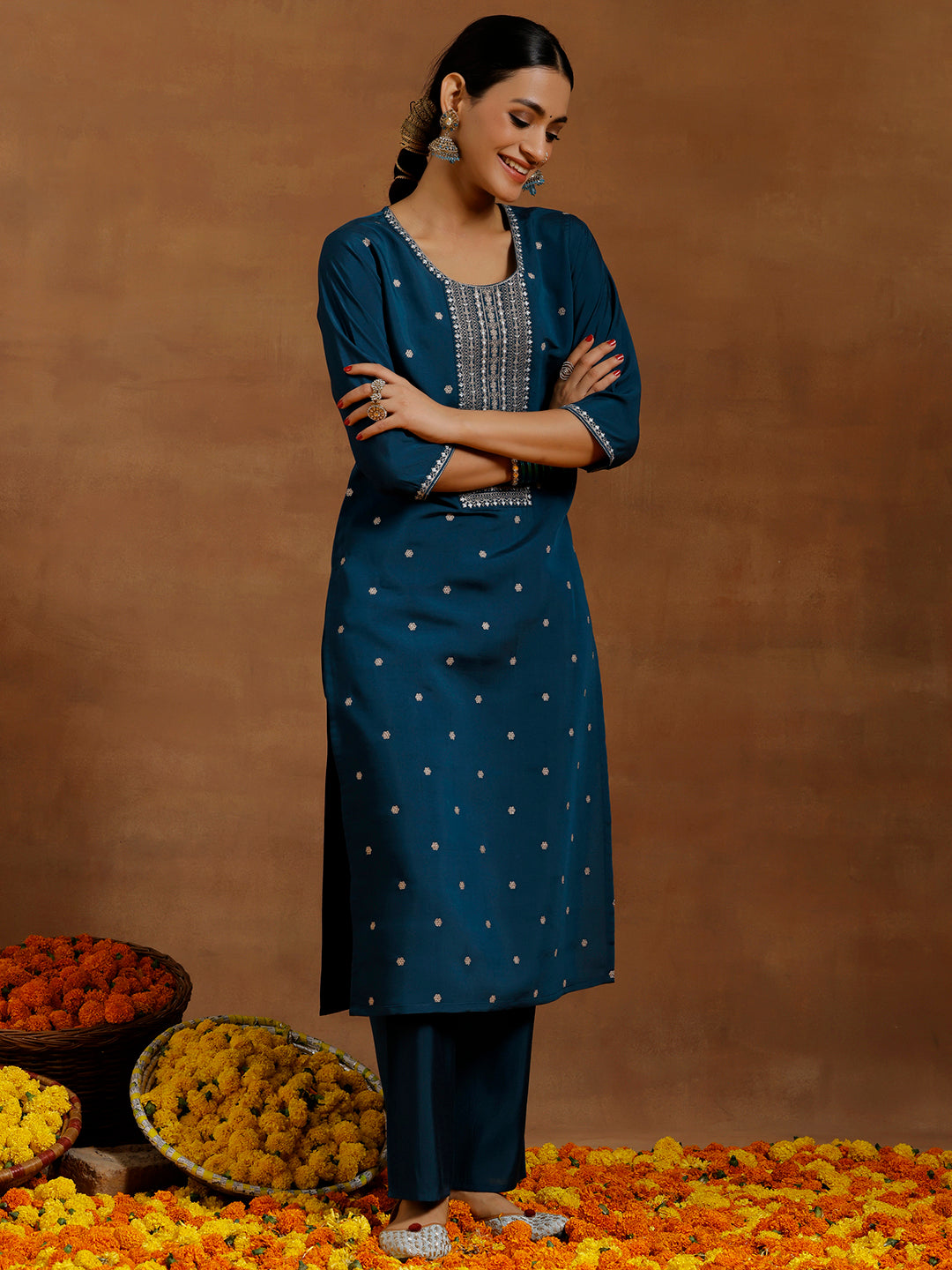 Blue Embroidered Silk Blend Straight Kurta Set