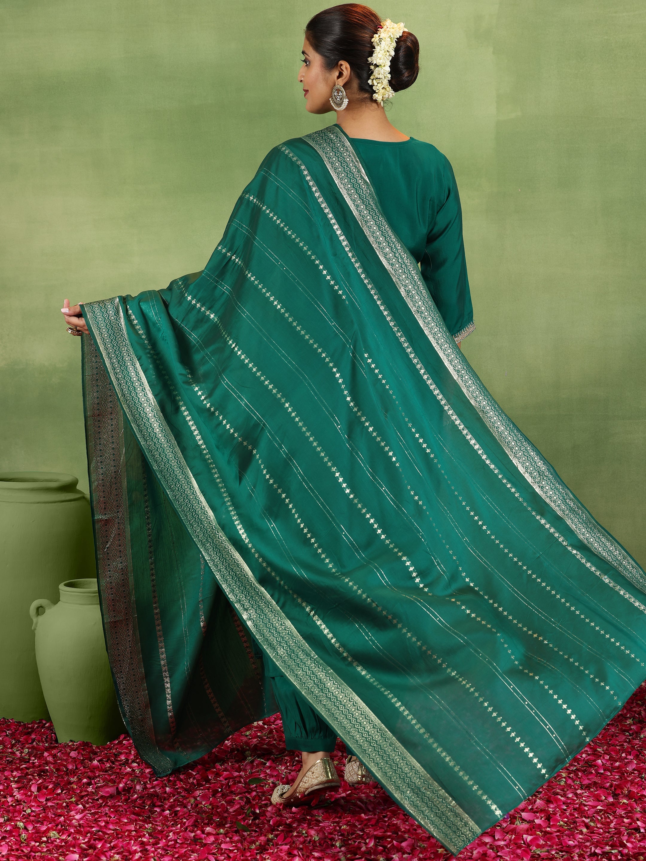 Green Yoke Design Silk Blend Straight Suit With Dupatta