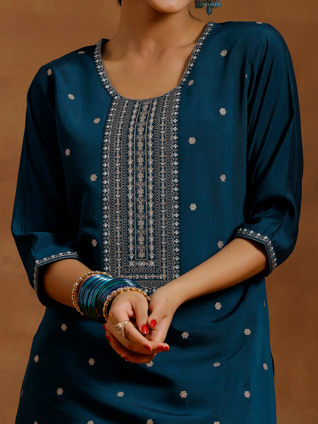 Blue Embroidered Silk Blend Straight Kurta Set