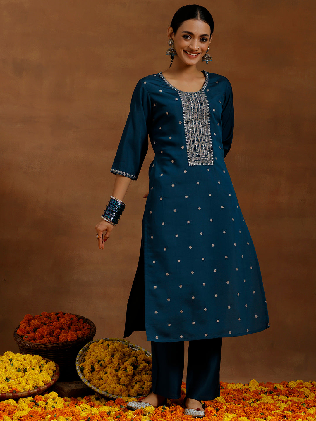 Blue Embroidered Silk Blend Straight Kurta Set