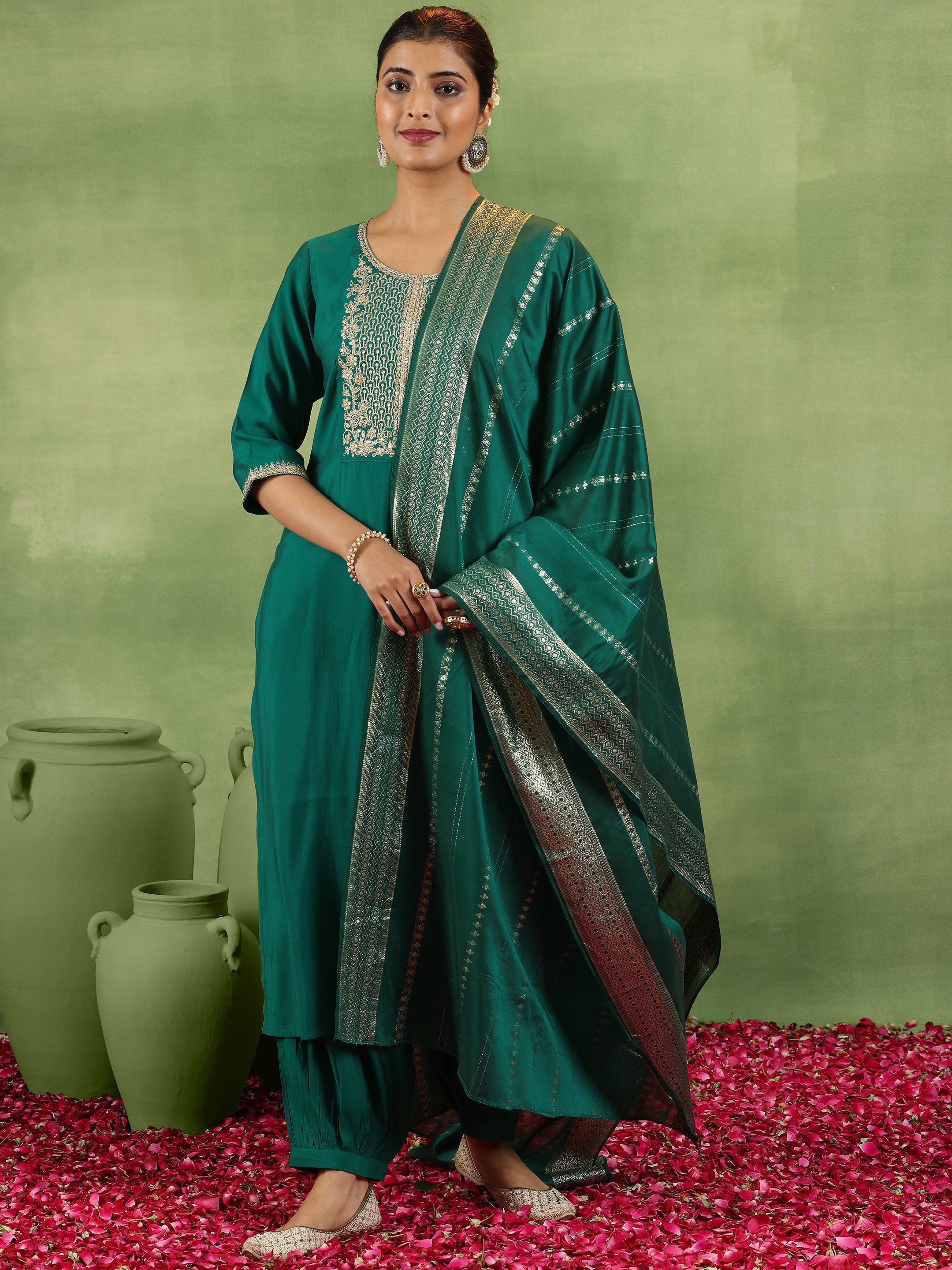 Green Yoke Design Silk Blend Straight Suit With Dupatta