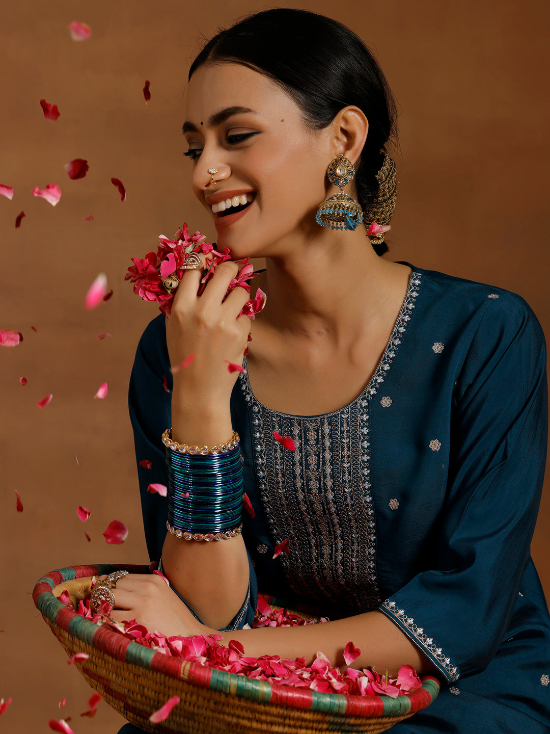 Blue Embroidered Silk Blend Straight Kurta Set