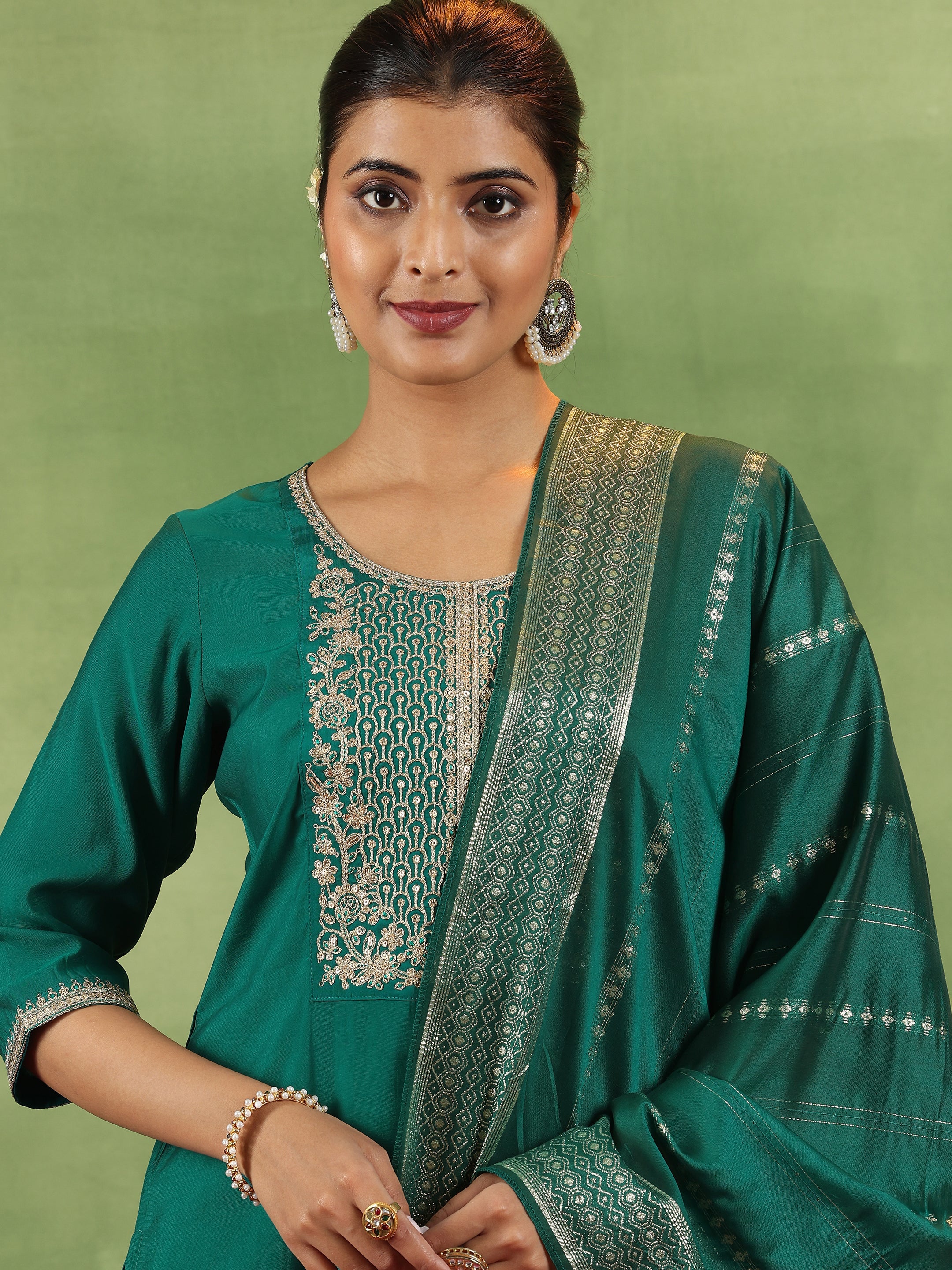 Green Yoke Design Silk Blend Straight Suit With Dupatta