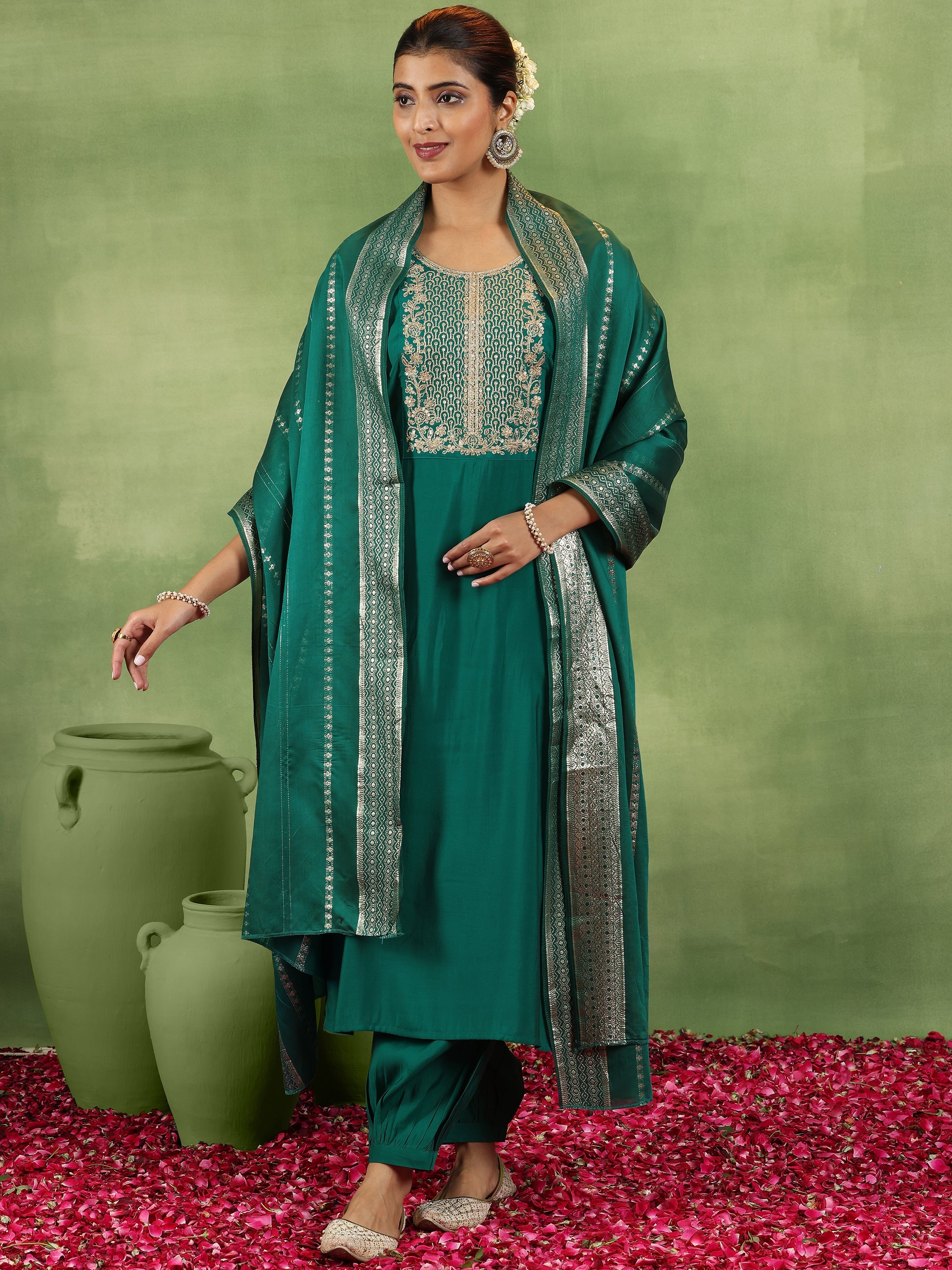 Green Yoke Design Silk Blend Straight Suit With Dupatta