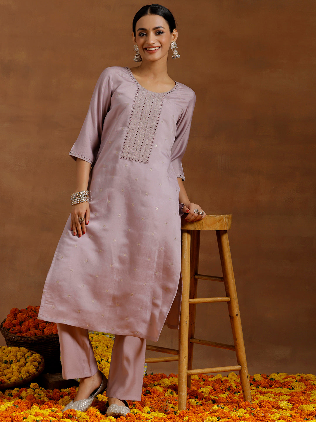 Lavender Embroidered Silk Blend Straight Kurta Set