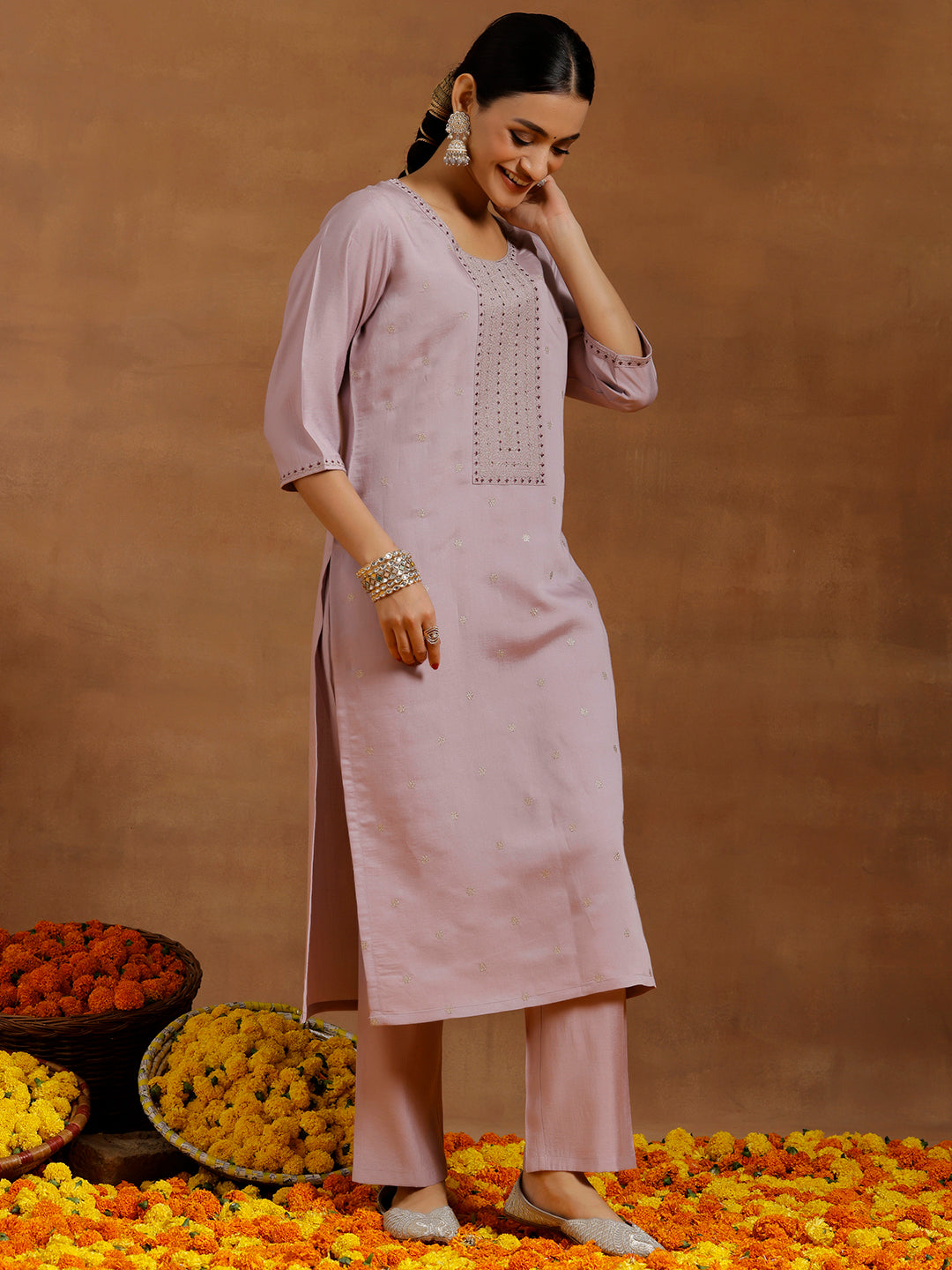 Lavender Embroidered Silk Blend Straight Kurta Set