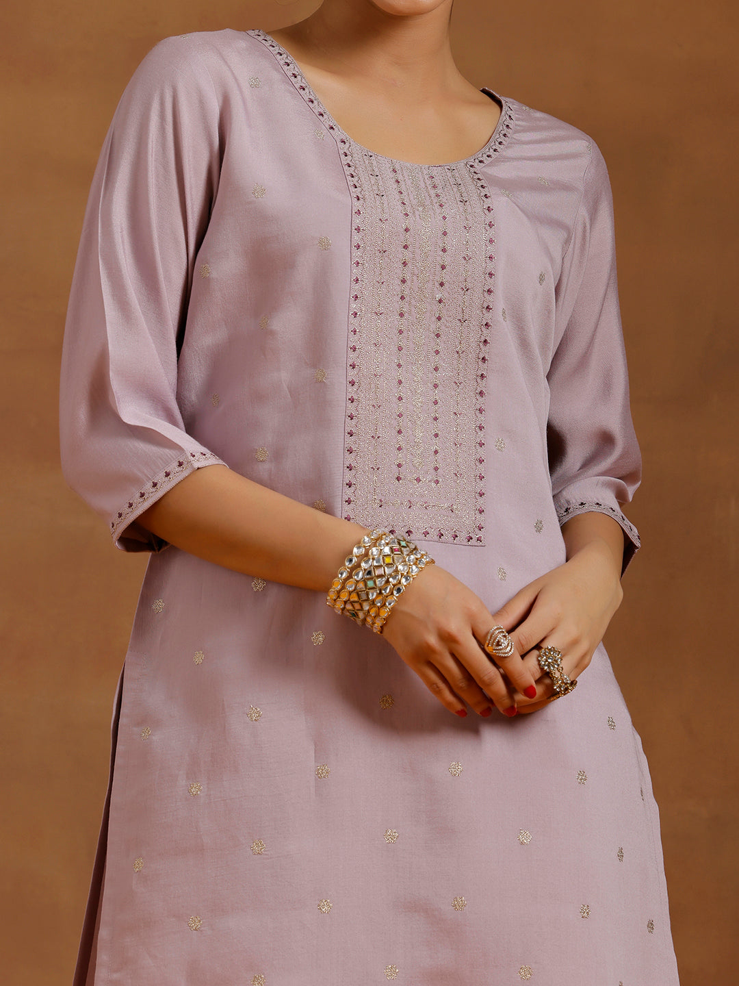 Lavender Embroidered Silk Blend Straight Kurta Set