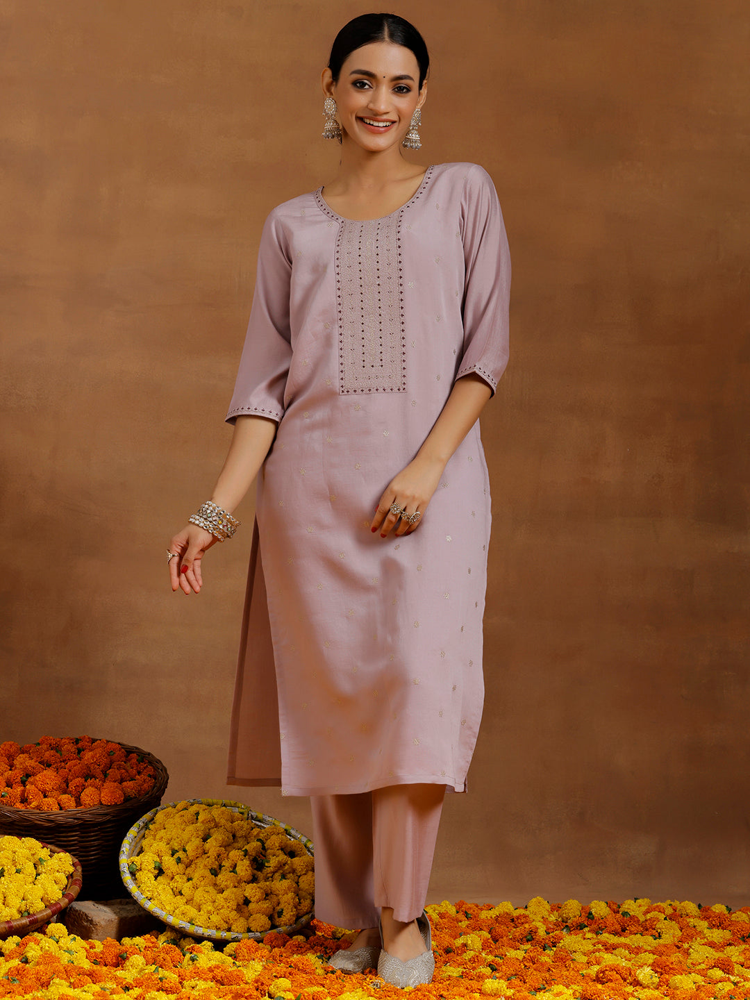 Lavender Embroidered Silk Blend Straight Kurta Set