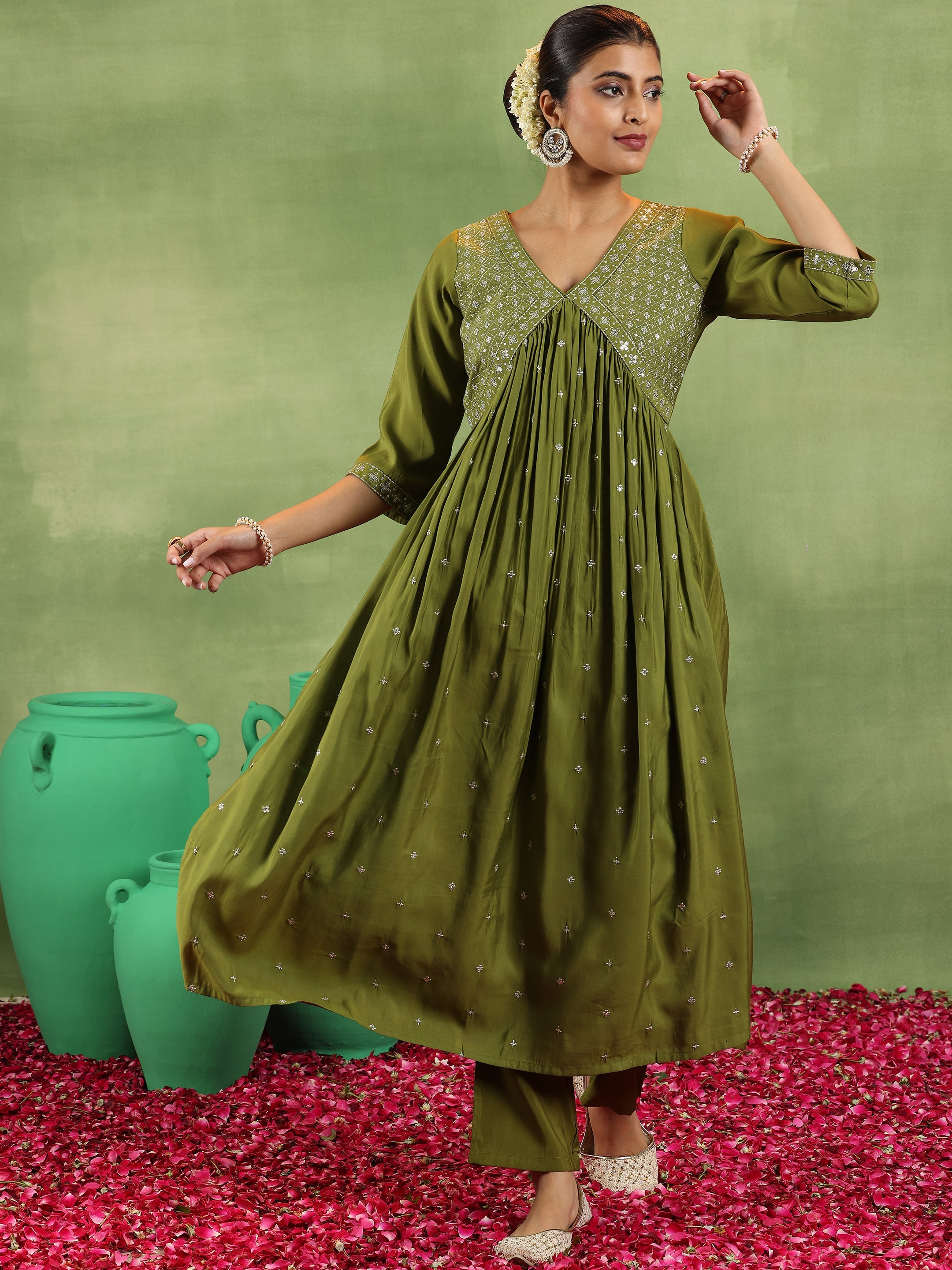 Olive Embroidered Silk Blend A-Line Kurta With Trousers