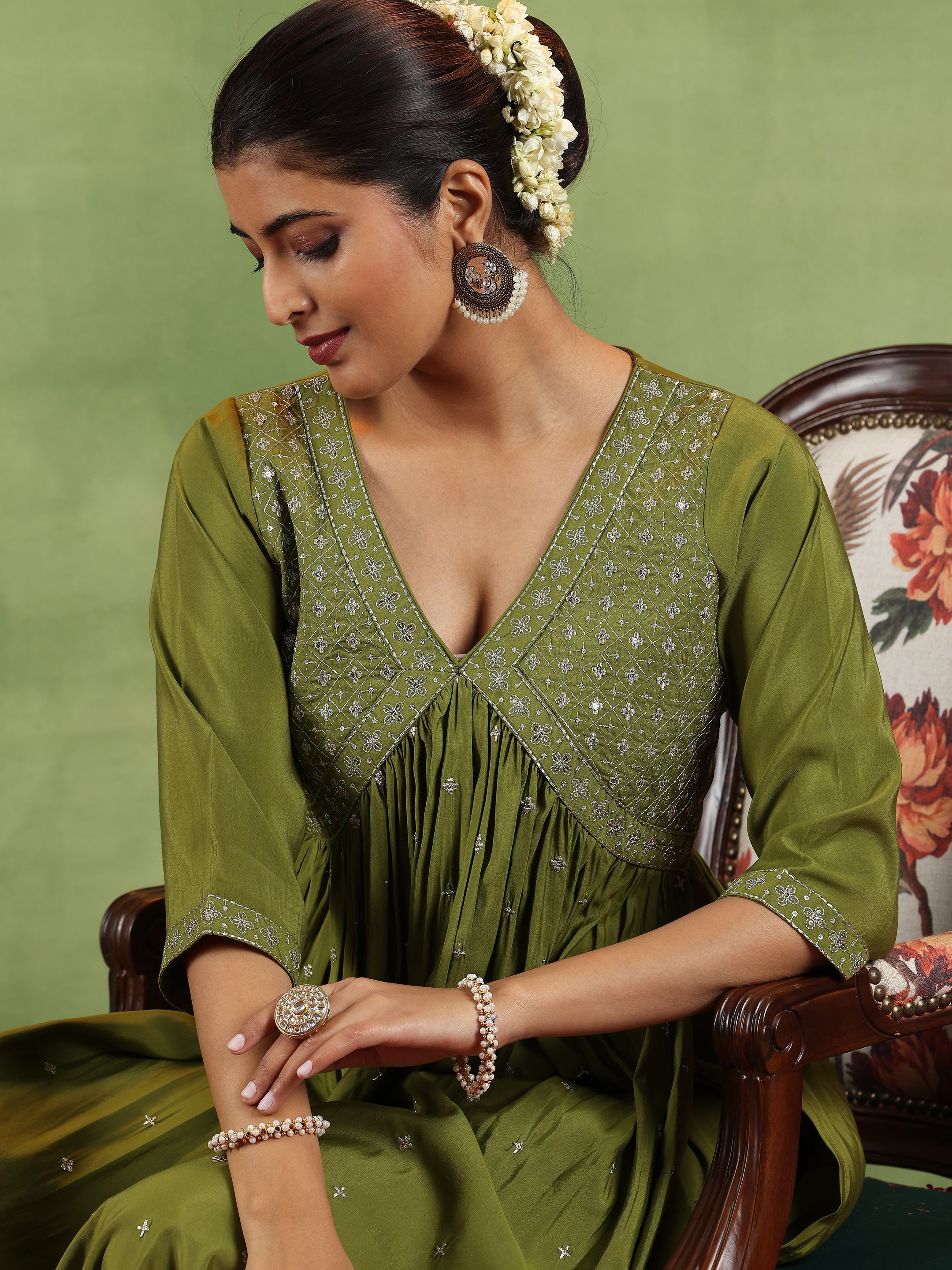 Olive Embroidered Silk Blend A-Line Kurta With Trousers