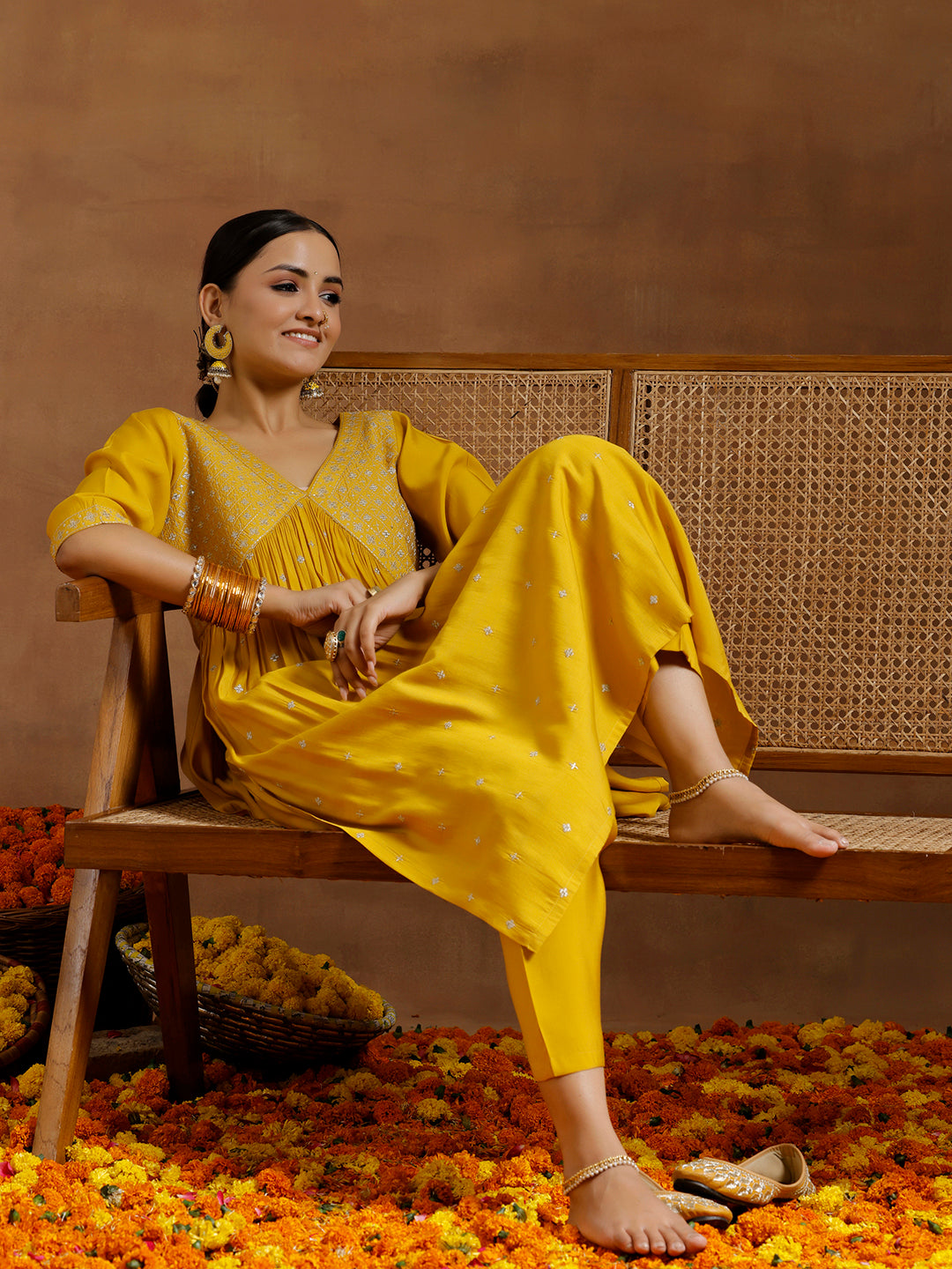 Mustard Embroidered Silk Blend A-Line Kurta With Trousers