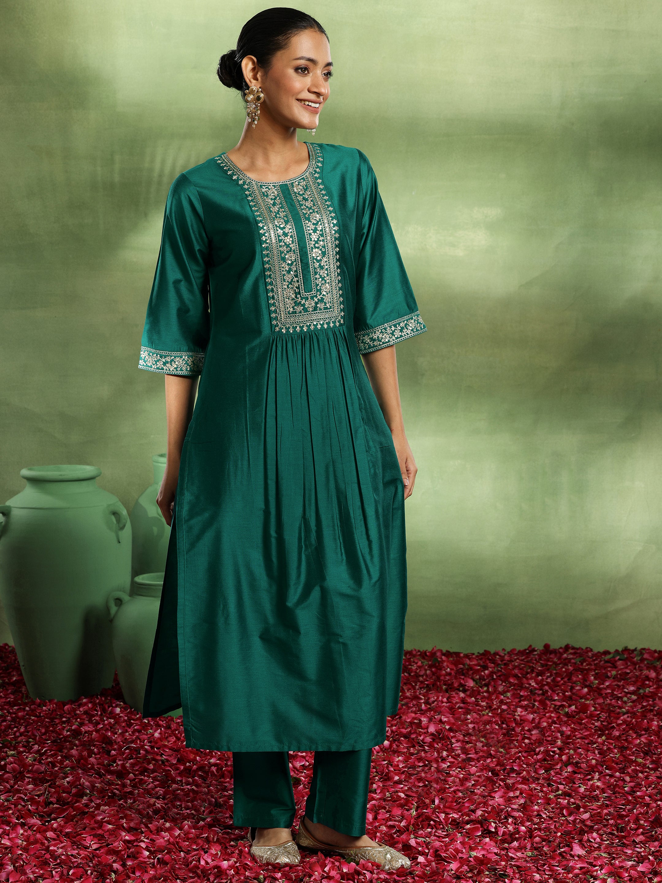 Green Yoke Design Silk Blend A-Line Kurta Set