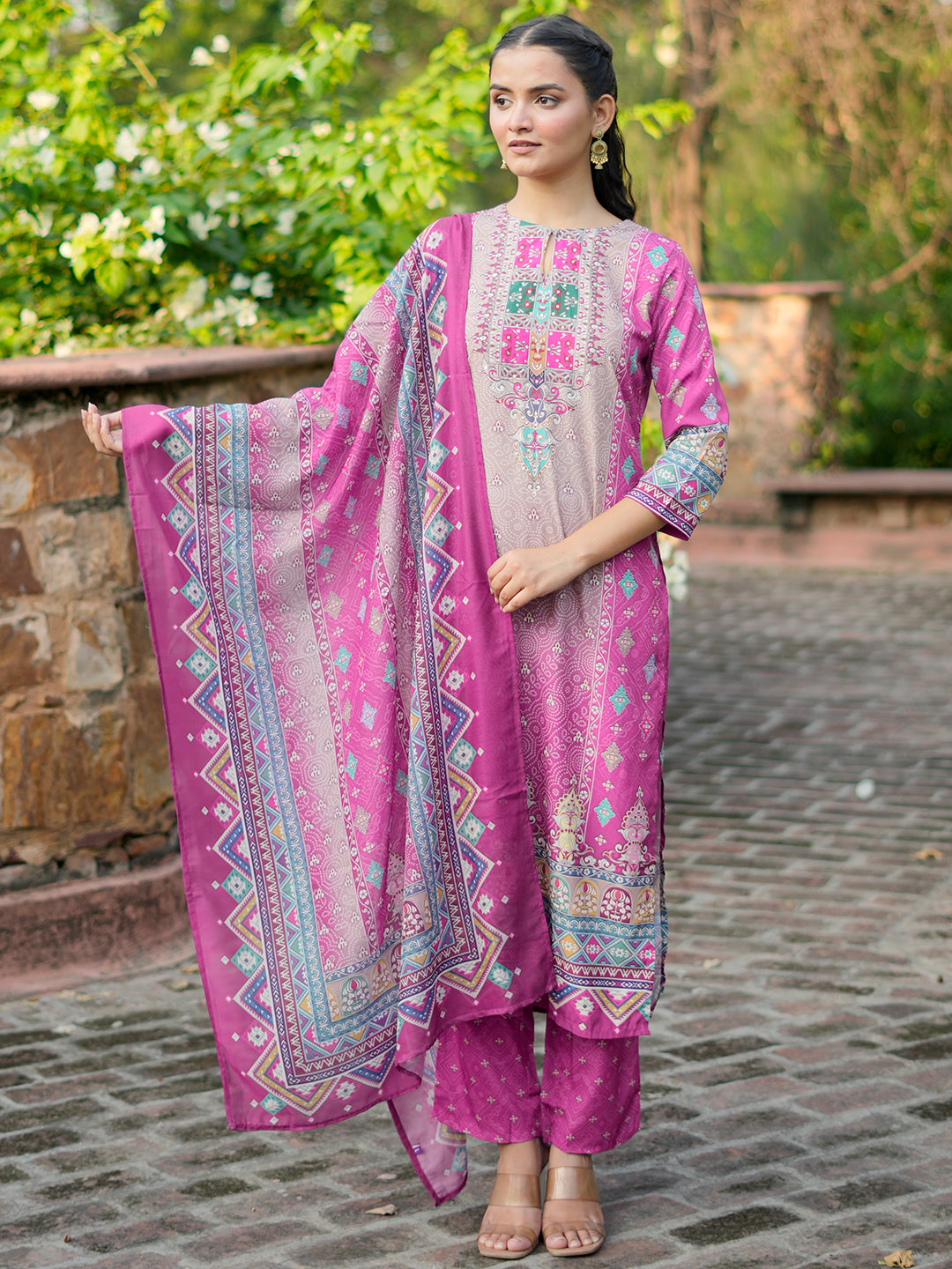 Pink Printed Poly Crepe Straight Suit With Dupatta