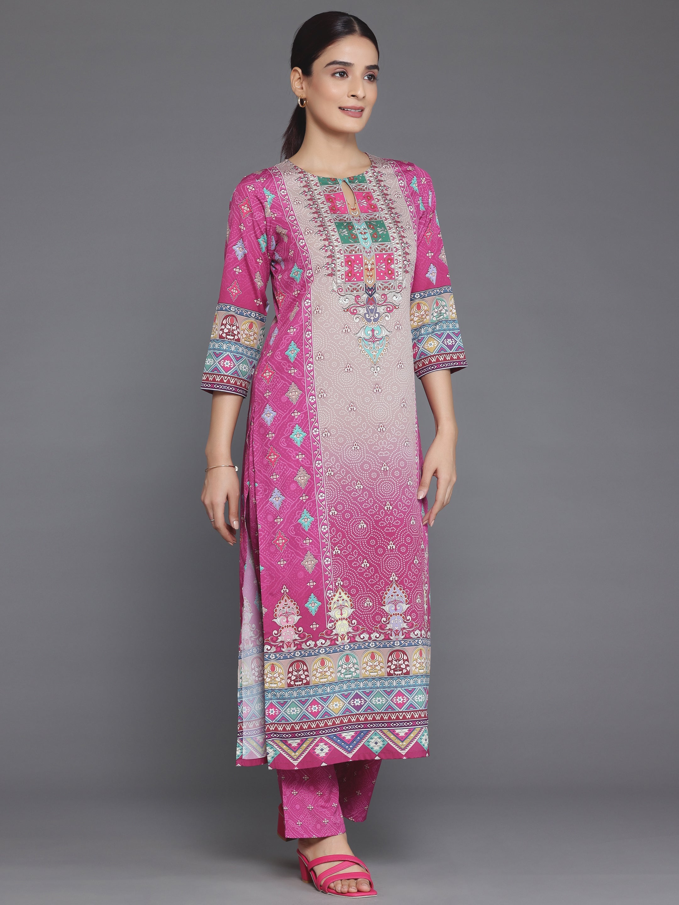 Pink Printed Poly Crepe Straight Suit With Dupatta