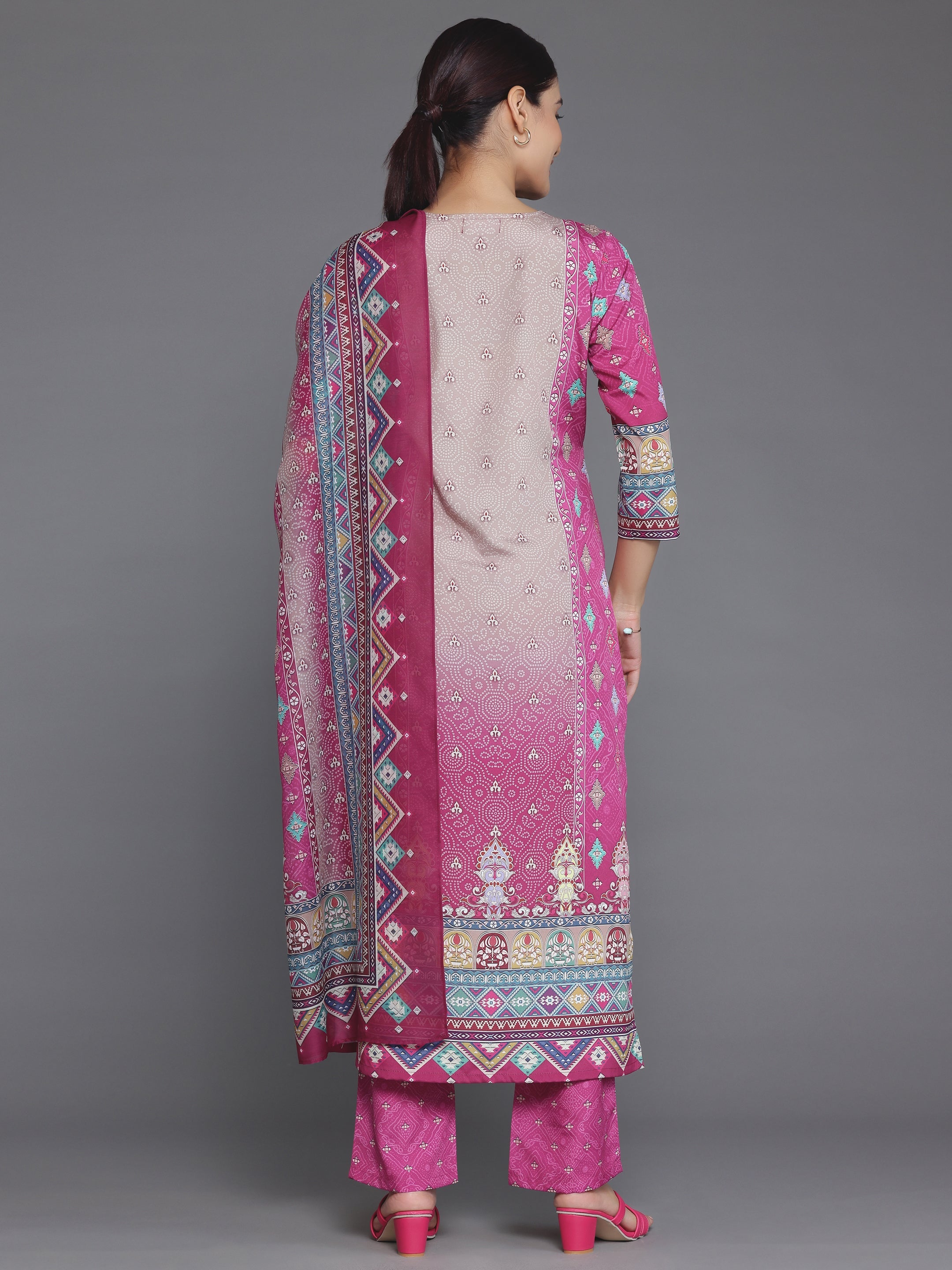 Pink Printed Poly Crepe Straight Suit With Dupatta