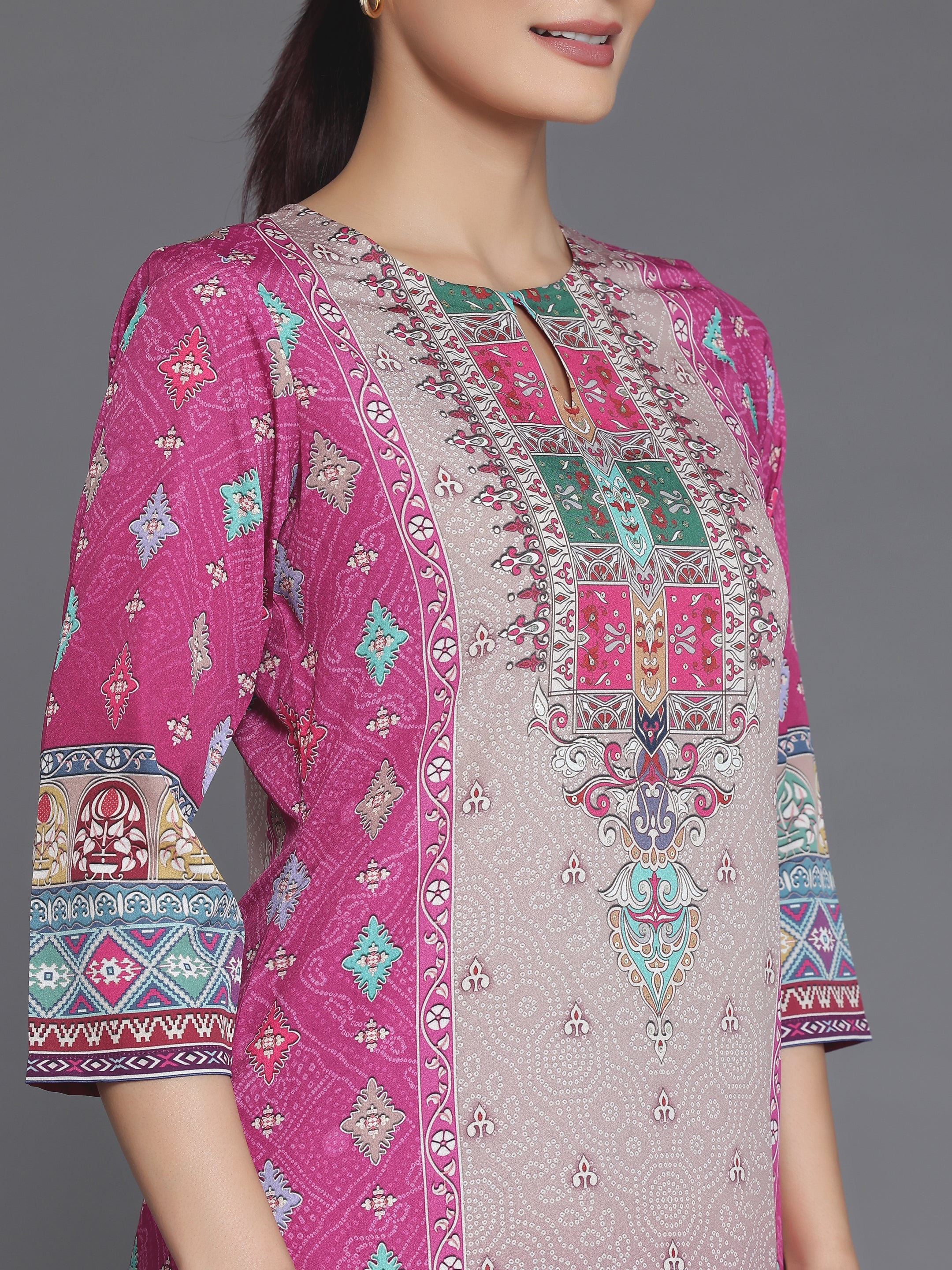 Pink Printed Poly Crepe Straight Suit With Dupatta