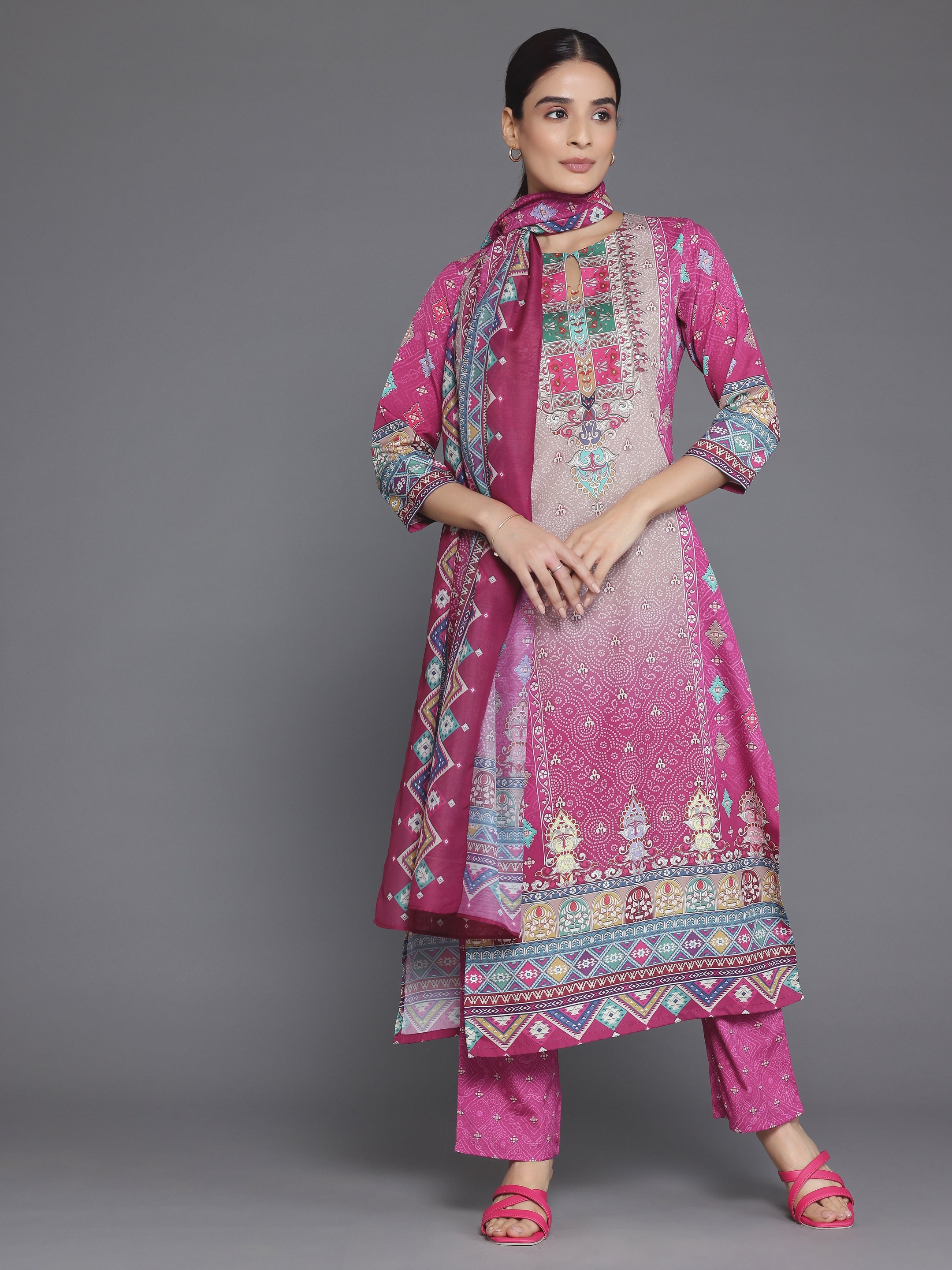 Pink Printed Poly Crepe Straight Suit With Dupatta