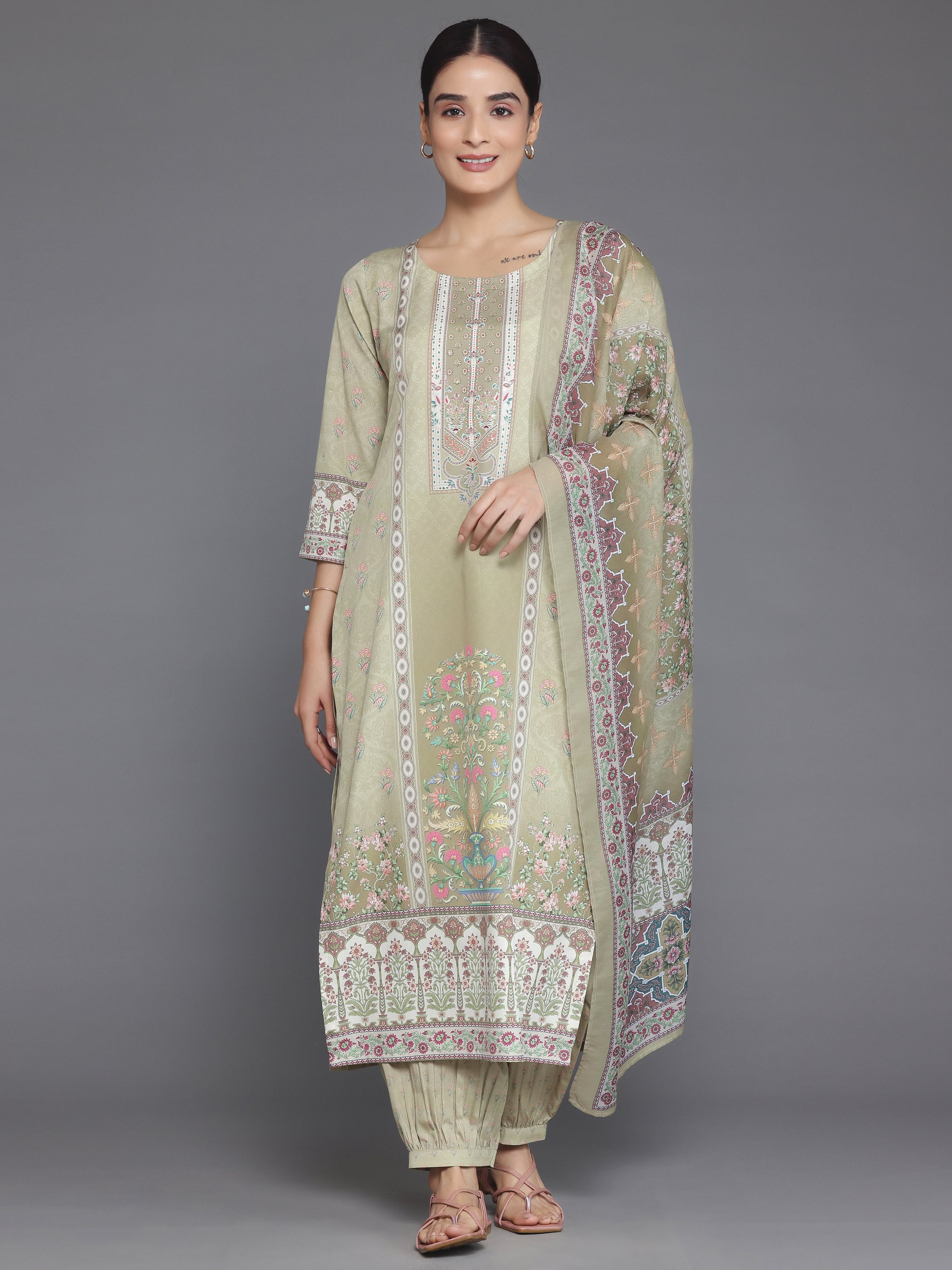 Olive Printed Crepe Straight Suit With Dupatta