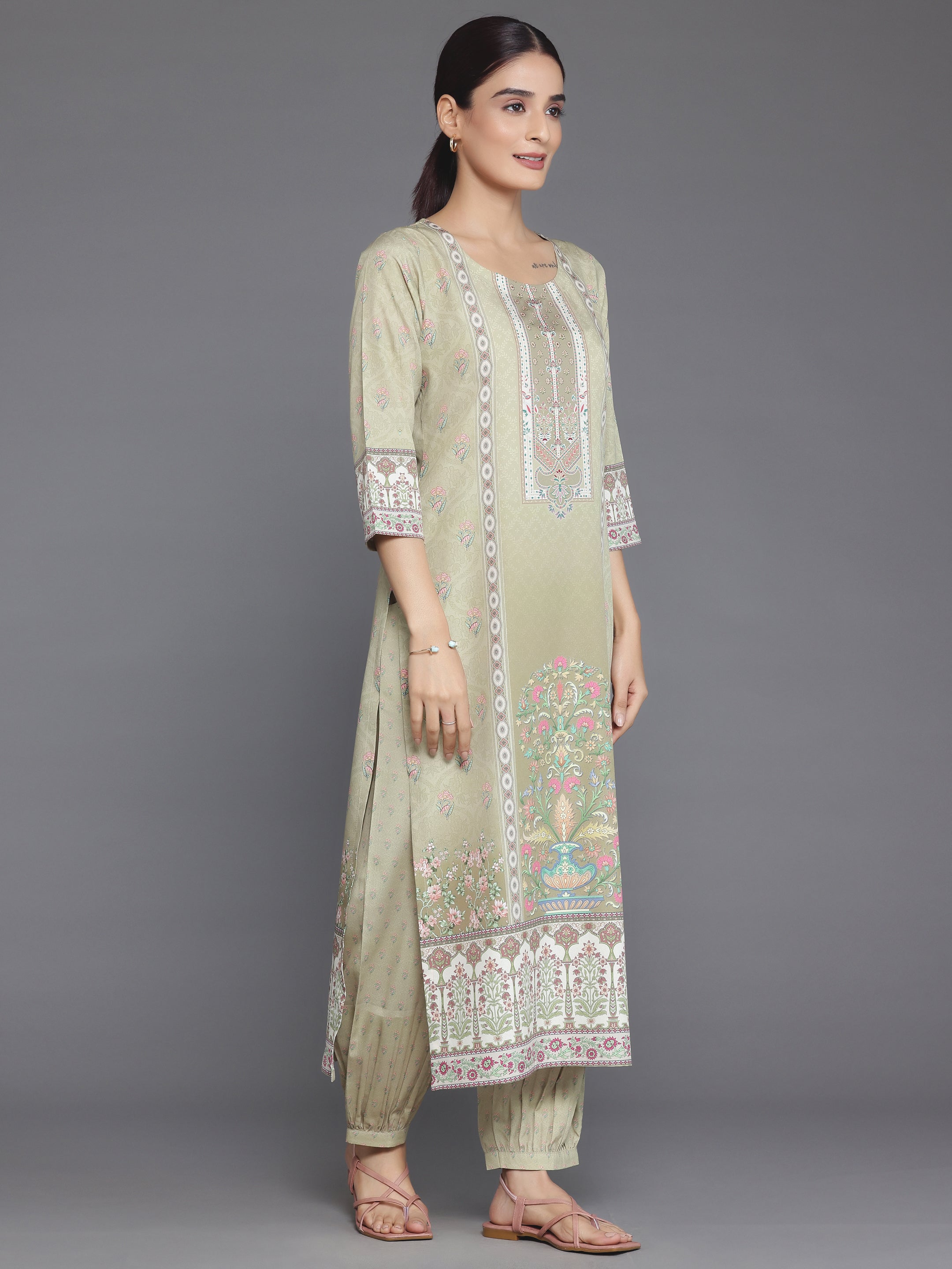 Olive Printed Crepe Straight Suit With Dupatta