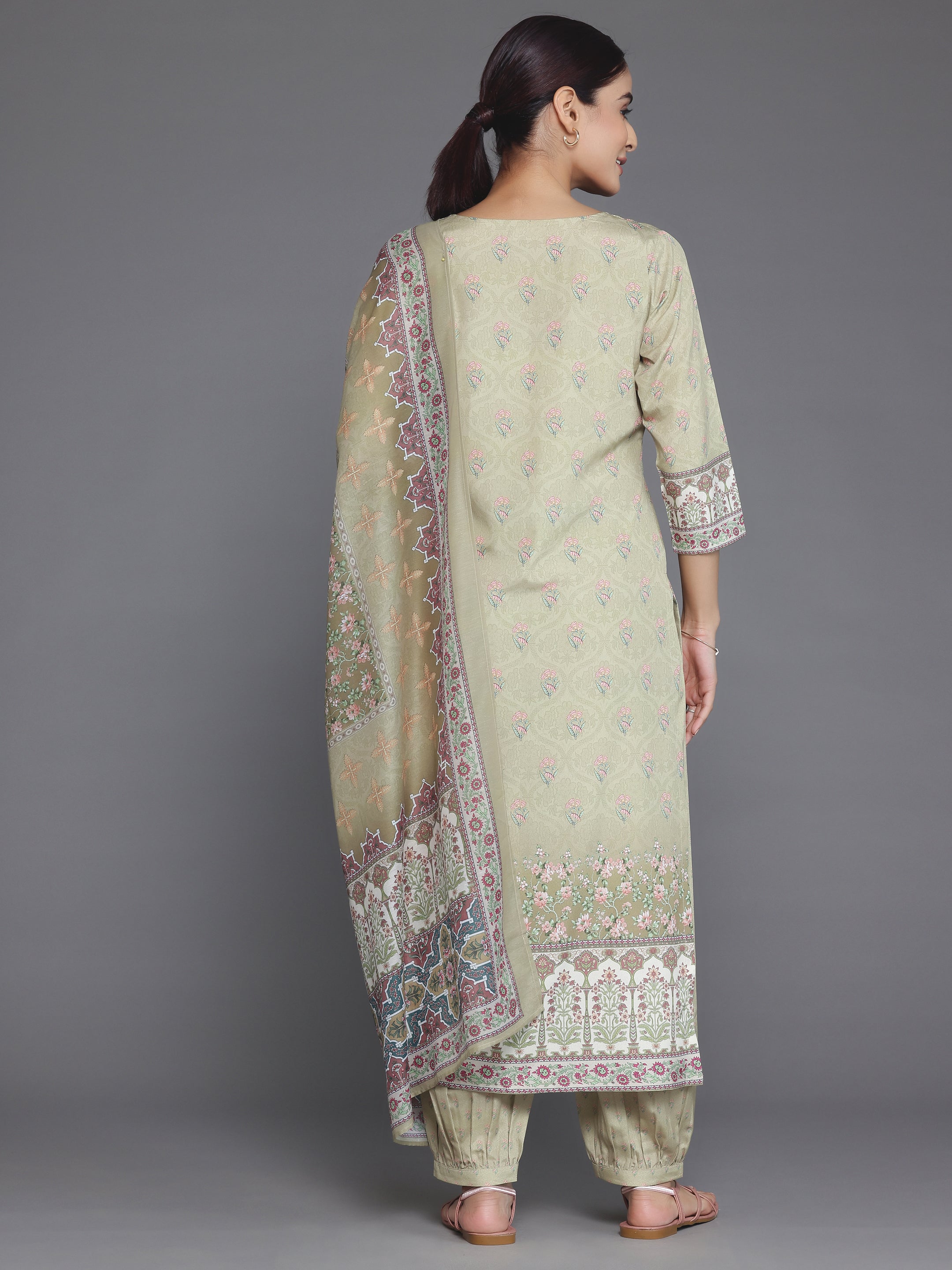 Olive Printed Crepe Straight Suit With Dupatta