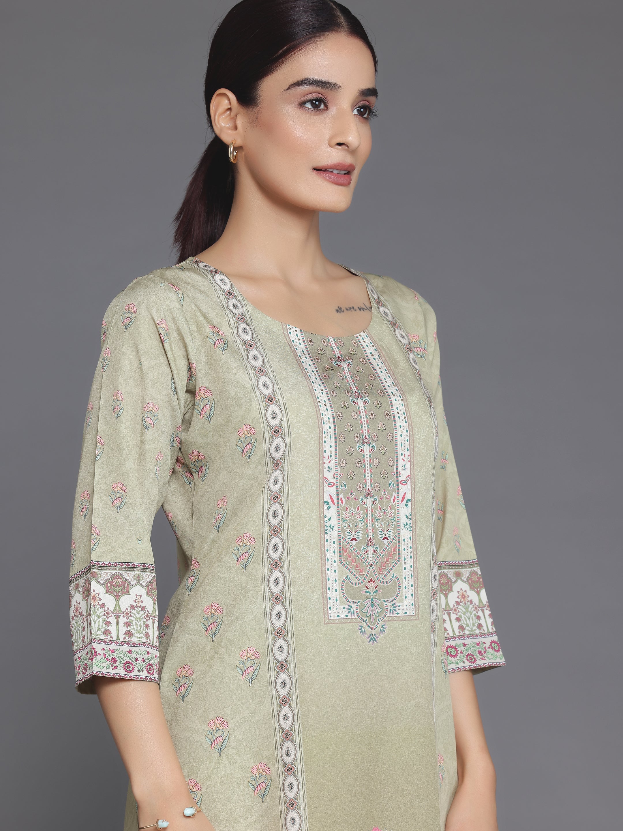 Olive Printed Crepe Straight Suit With Dupatta