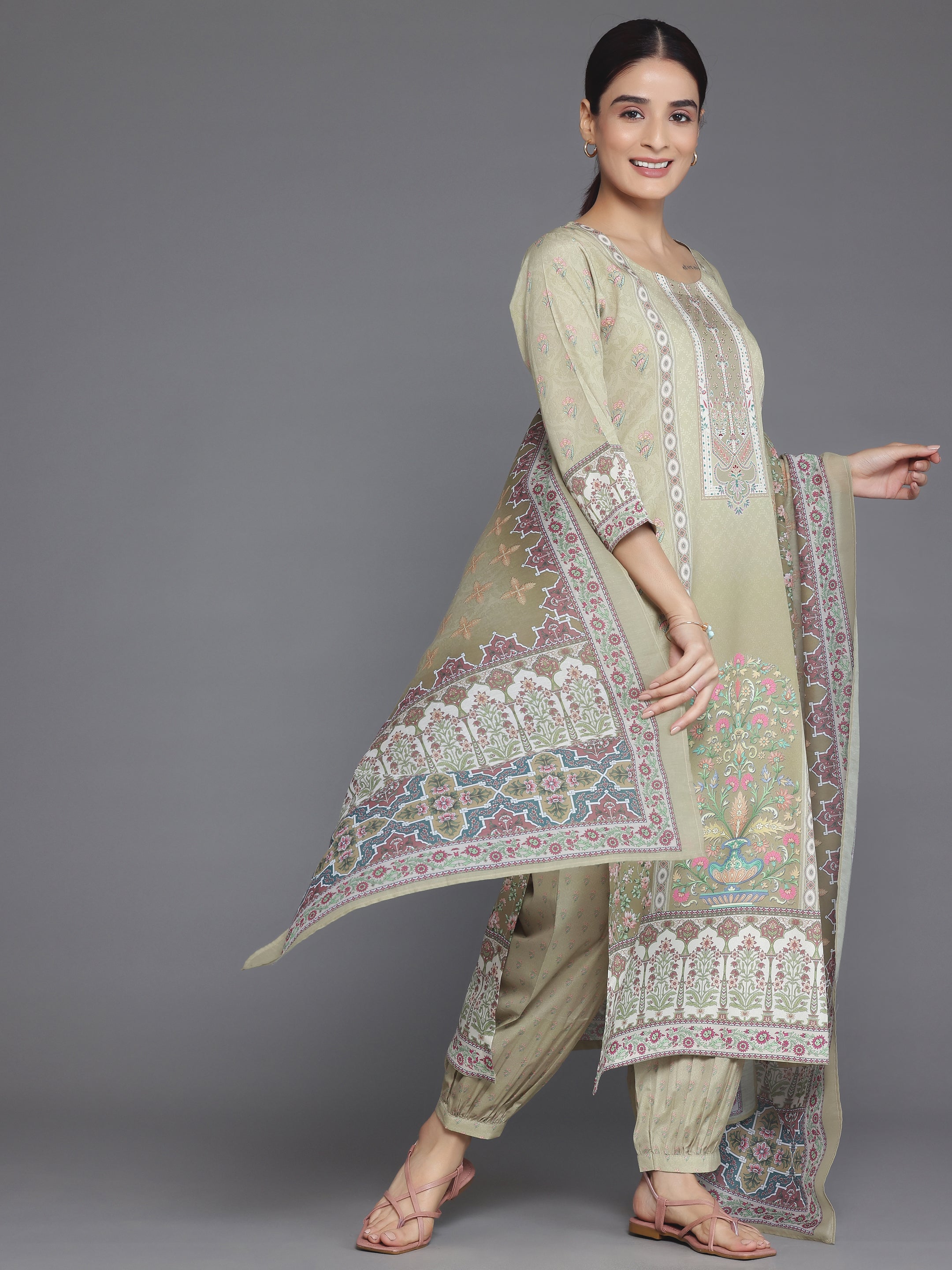 Olive Printed Crepe Straight Suit With Dupatta