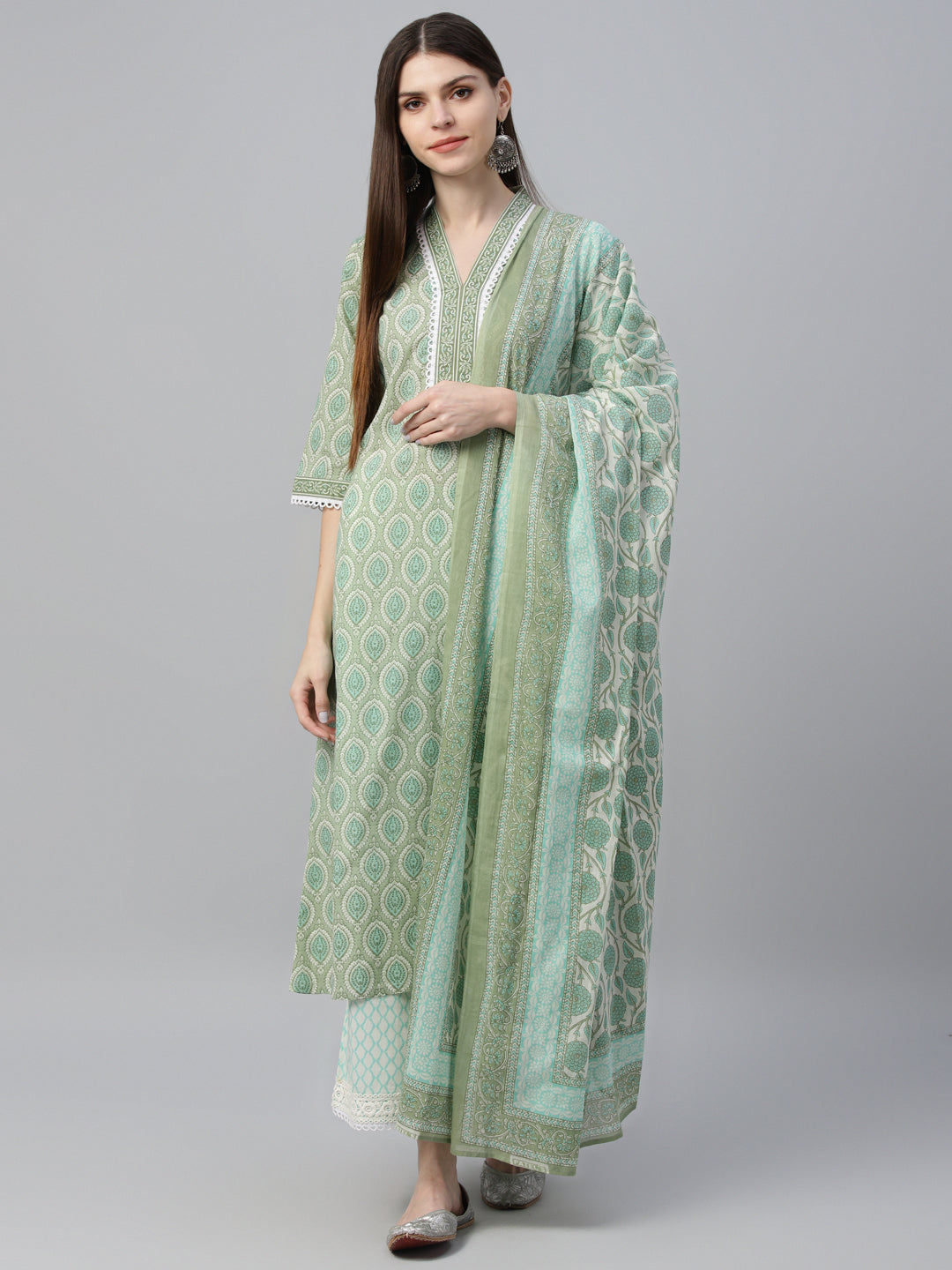 Green Printed Cotton Straight Suit With Dupatta