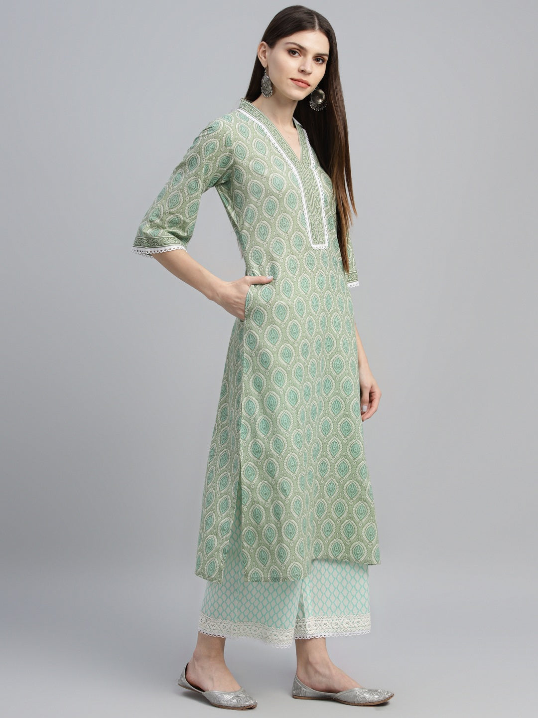 Green Printed Cotton Straight Suit With Dupatta