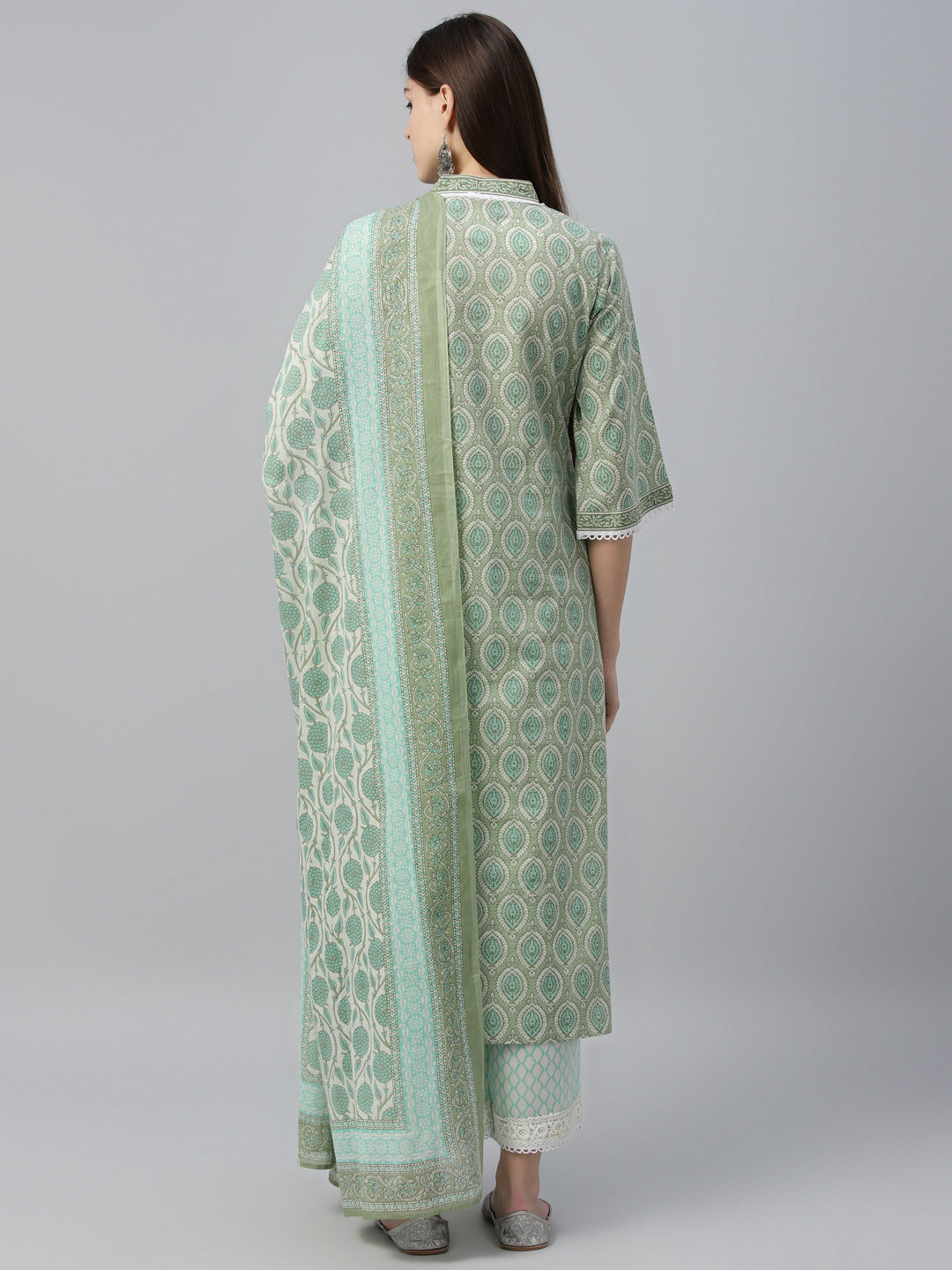 Green Printed Cotton Straight Suit With Dupatta