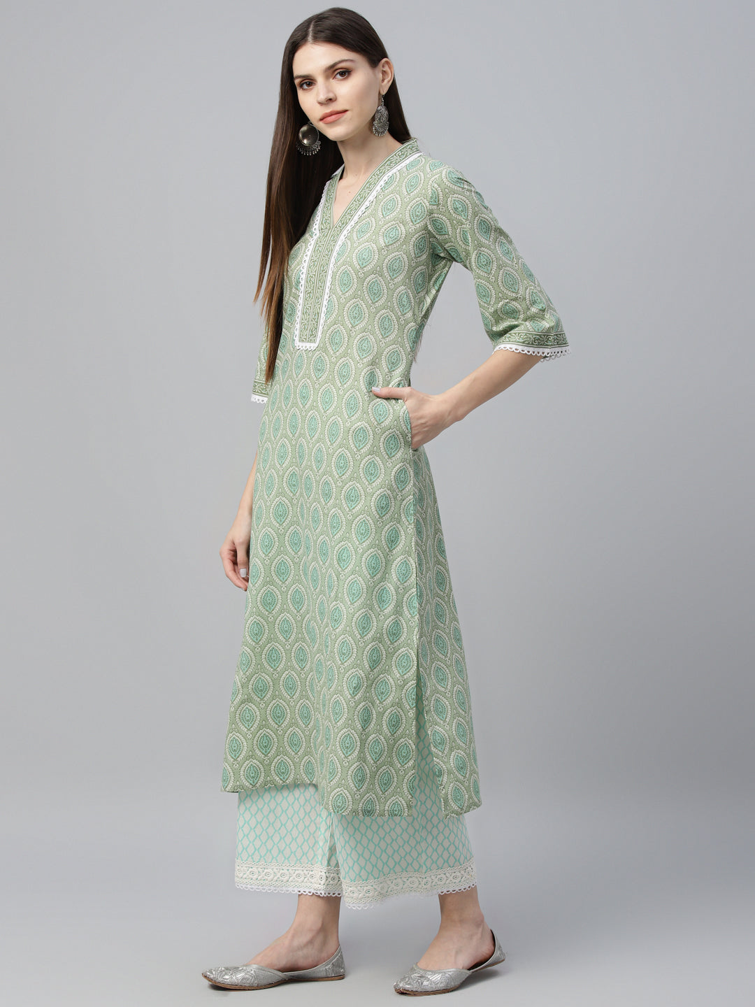 Green Printed Cotton Straight Suit With Dupatta