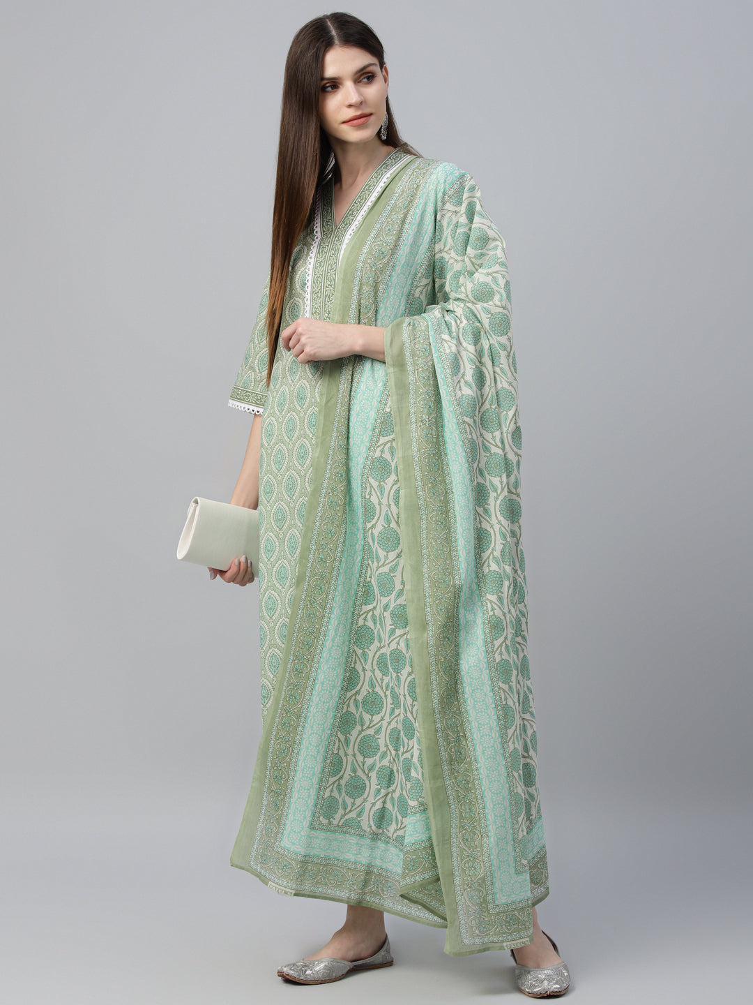 Green Printed Cotton Straight Suit With Dupatta