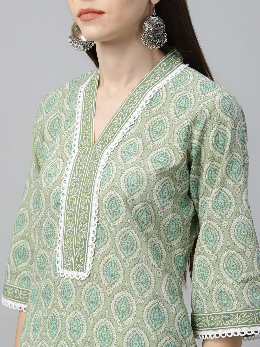 Green Printed Cotton Straight Suit With Dupatta