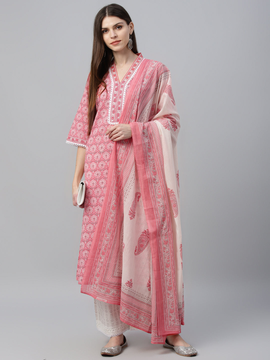 Peach Printed Cotton Straight Suit With Dupatta