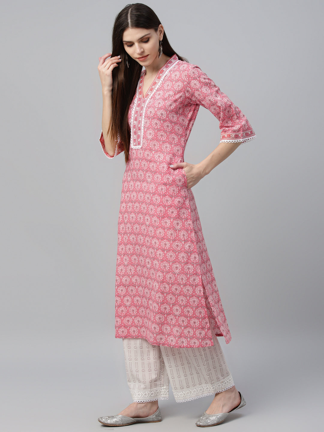 Peach Printed Cotton Straight Suit With Dupatta