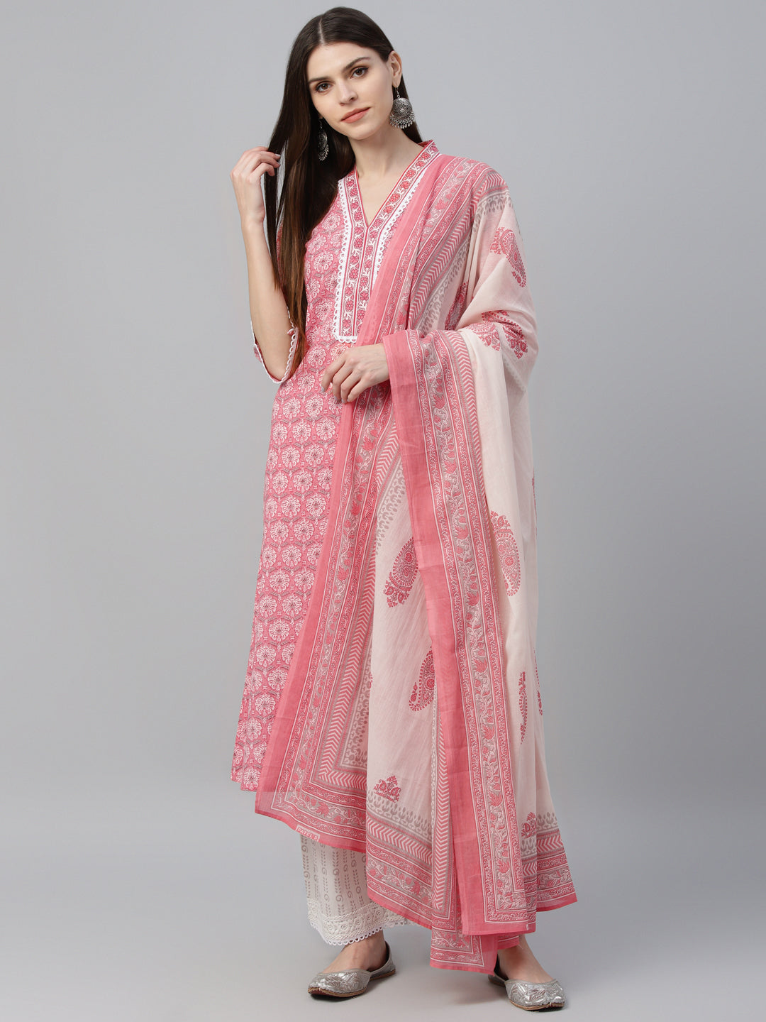 Peach Printed Cotton Straight Suit With Dupatta