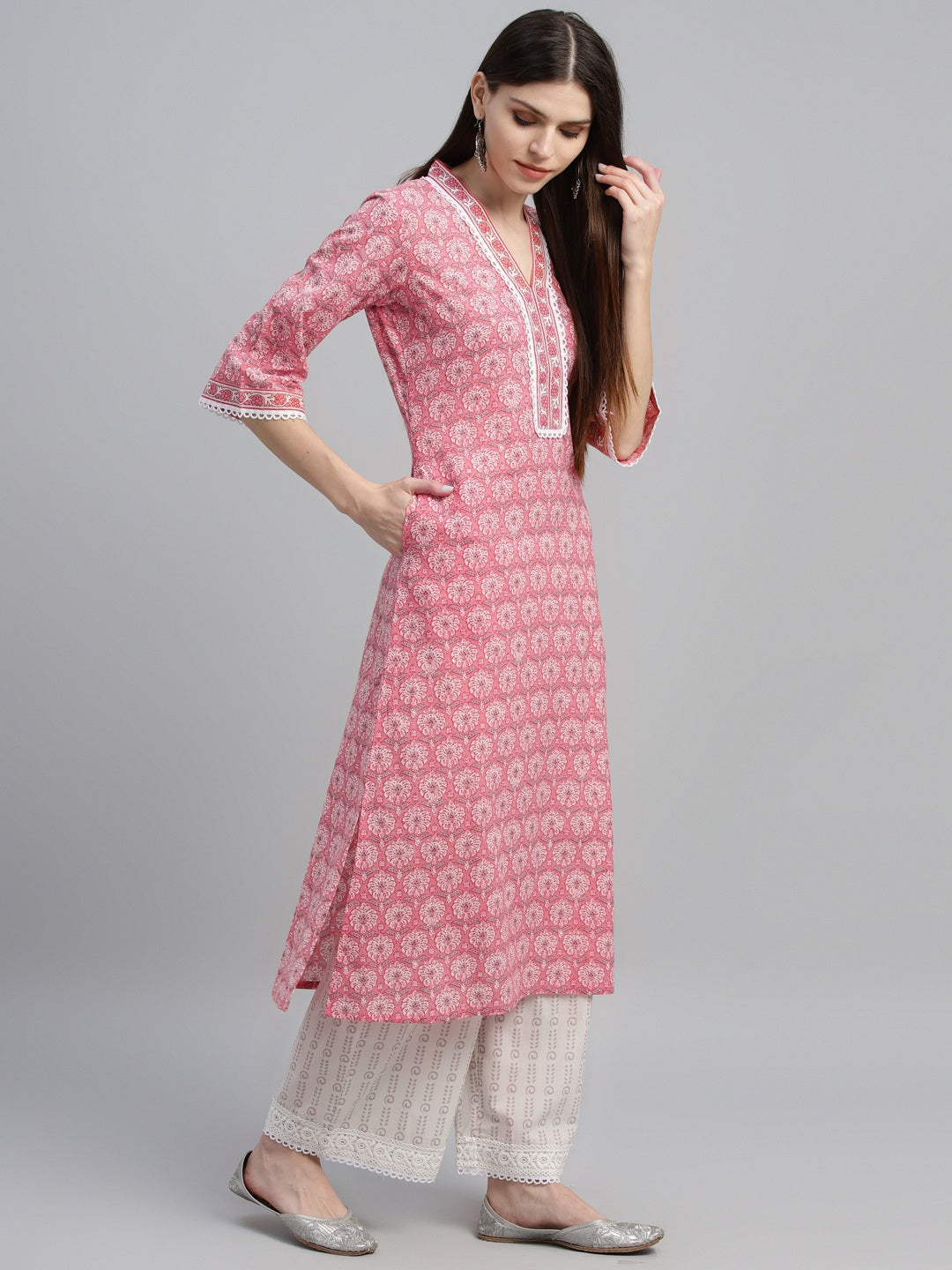 Peach Printed Cotton Straight Suit With Dupatta