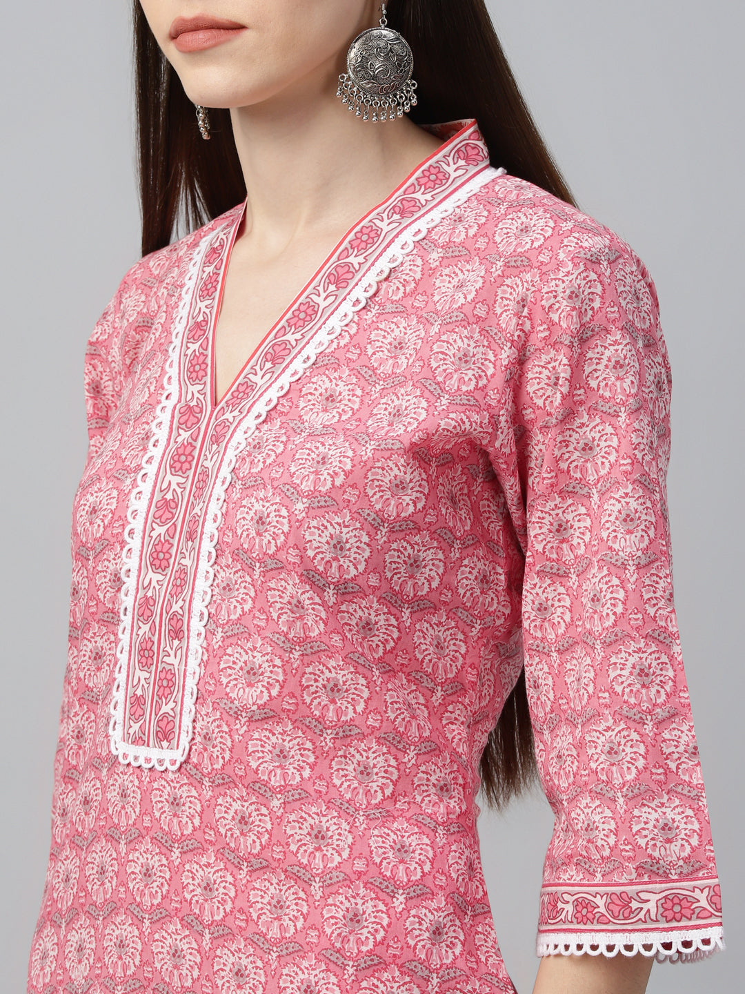 Peach Printed Cotton Straight Suit With Dupatta