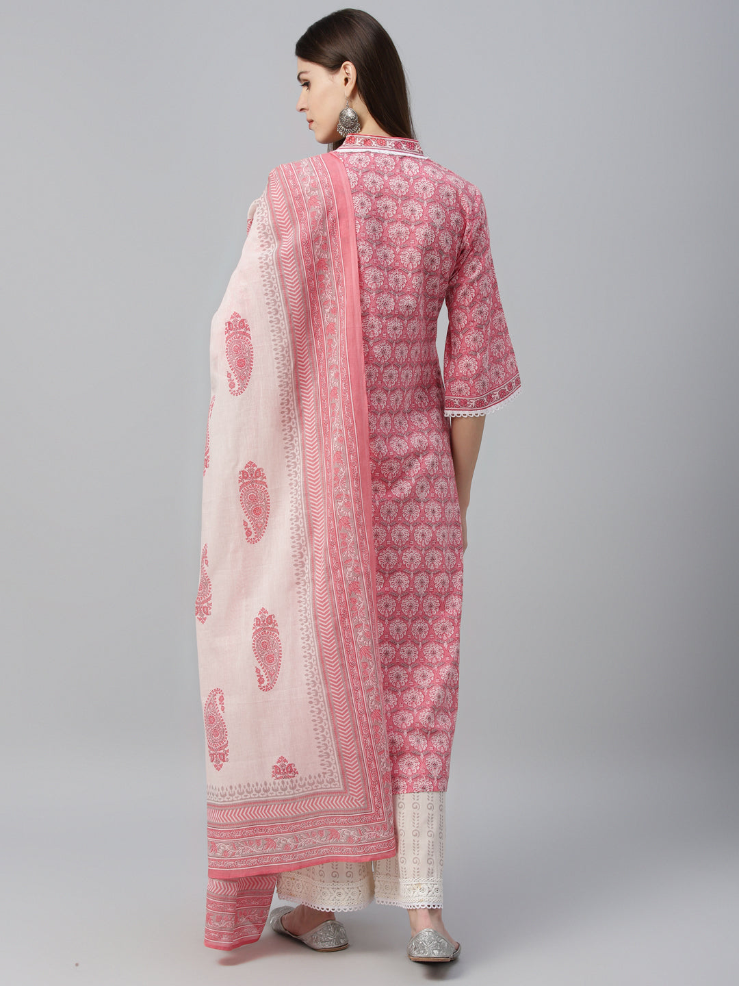 Peach Printed Cotton Straight Suit With Dupatta