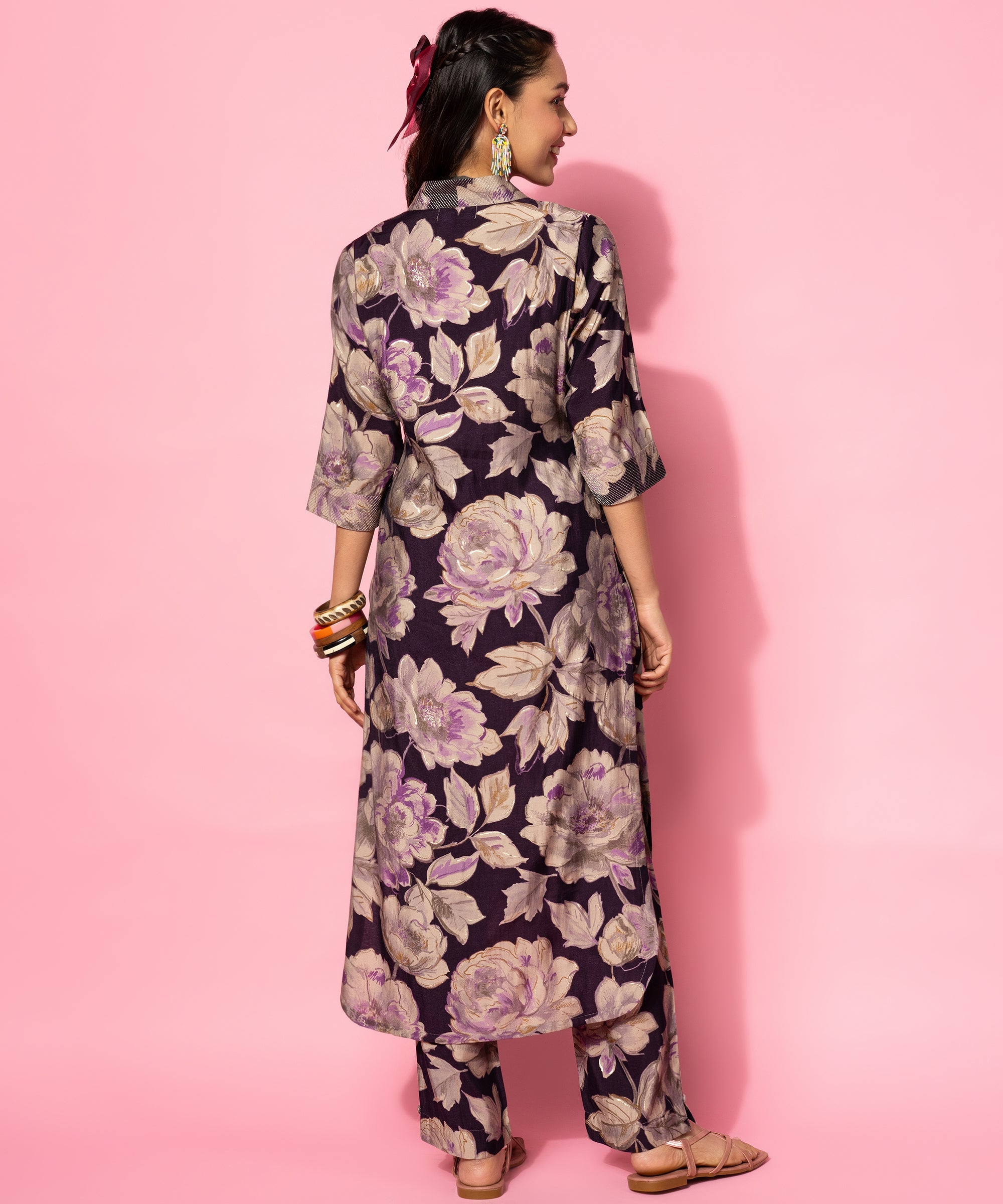 Purple Printed Silk Blend Co-Ords