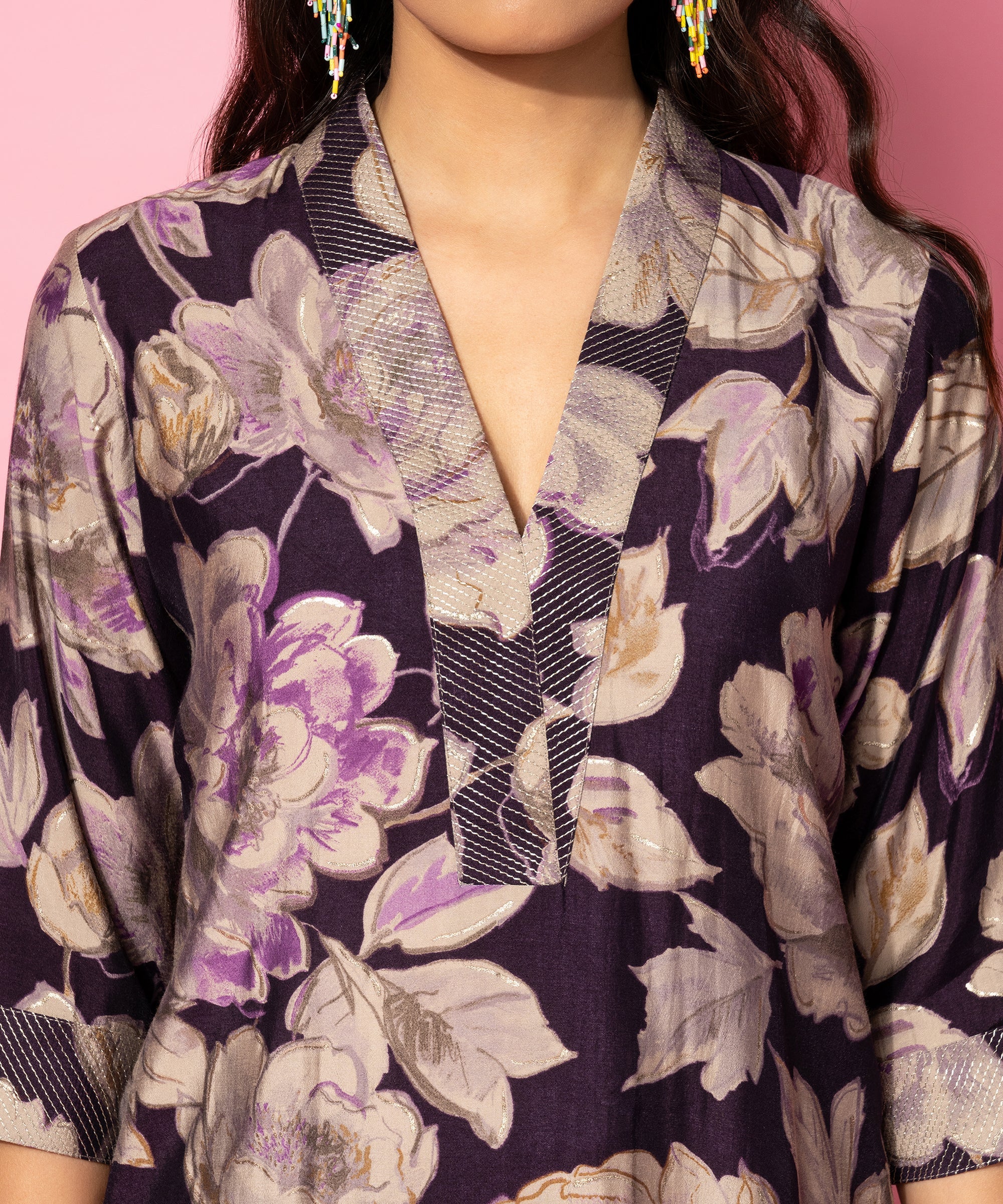 Purple Printed Silk Blend Co-Ords