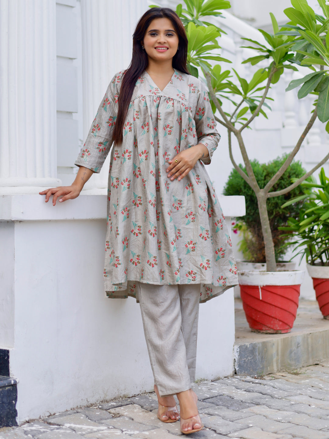 Grey Printed Silk Blend A-Line Kurta With Trousers