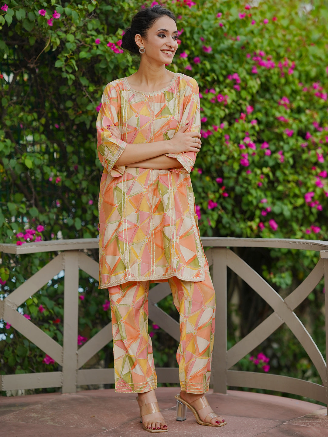 Peach Printed Silk Blend Co-Ords