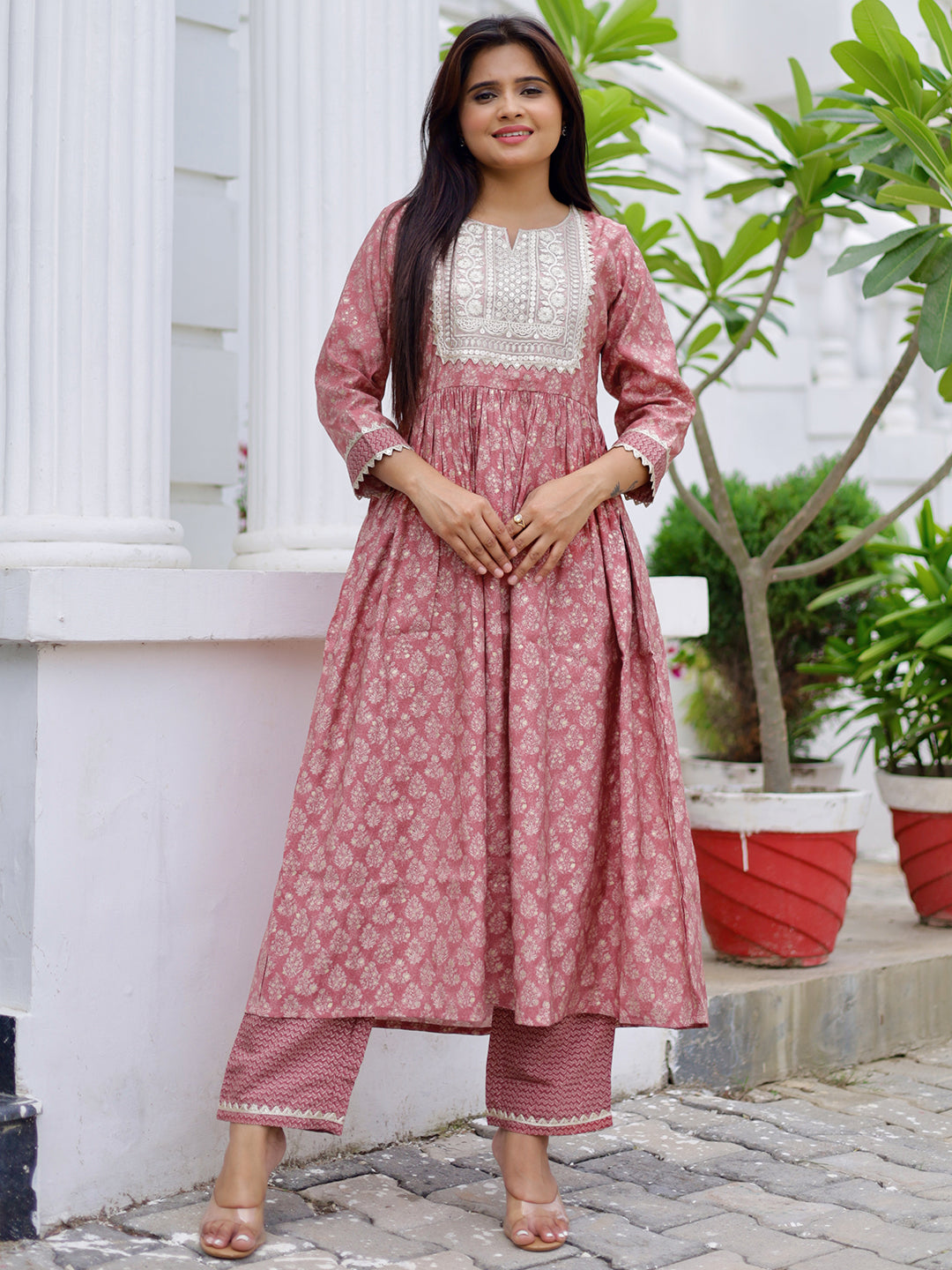 Mauve Printed Silk Blend A-Line Kurta With Palazzos