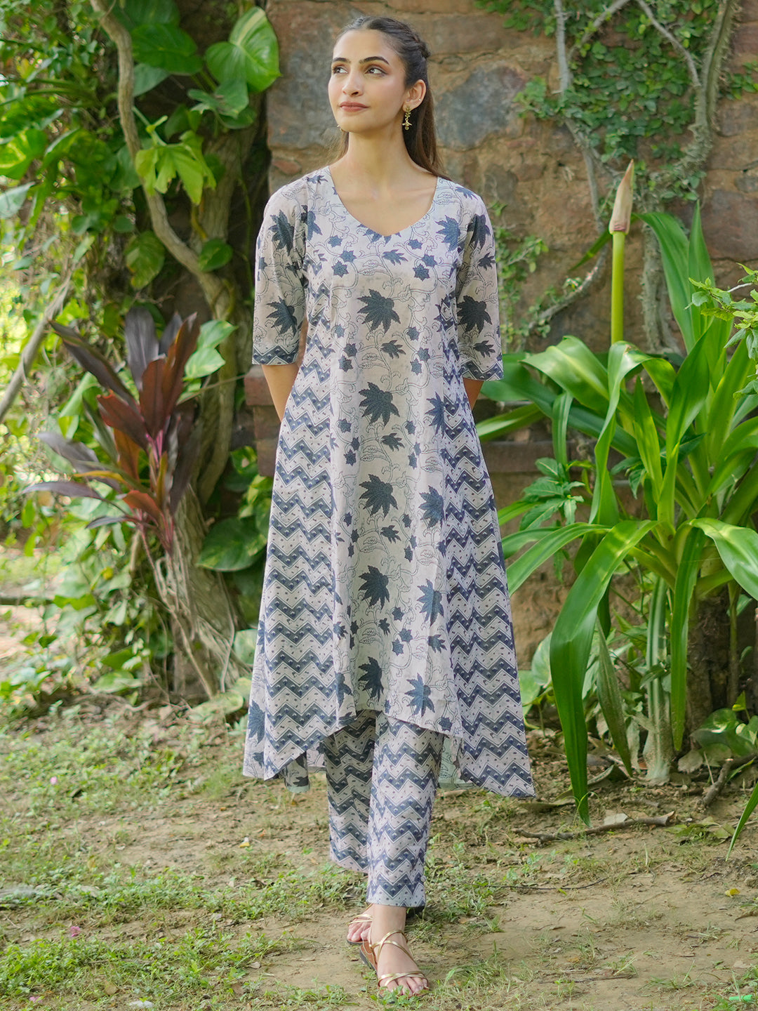 Grey Printed Cotton A-Line Kurta With Palazzos