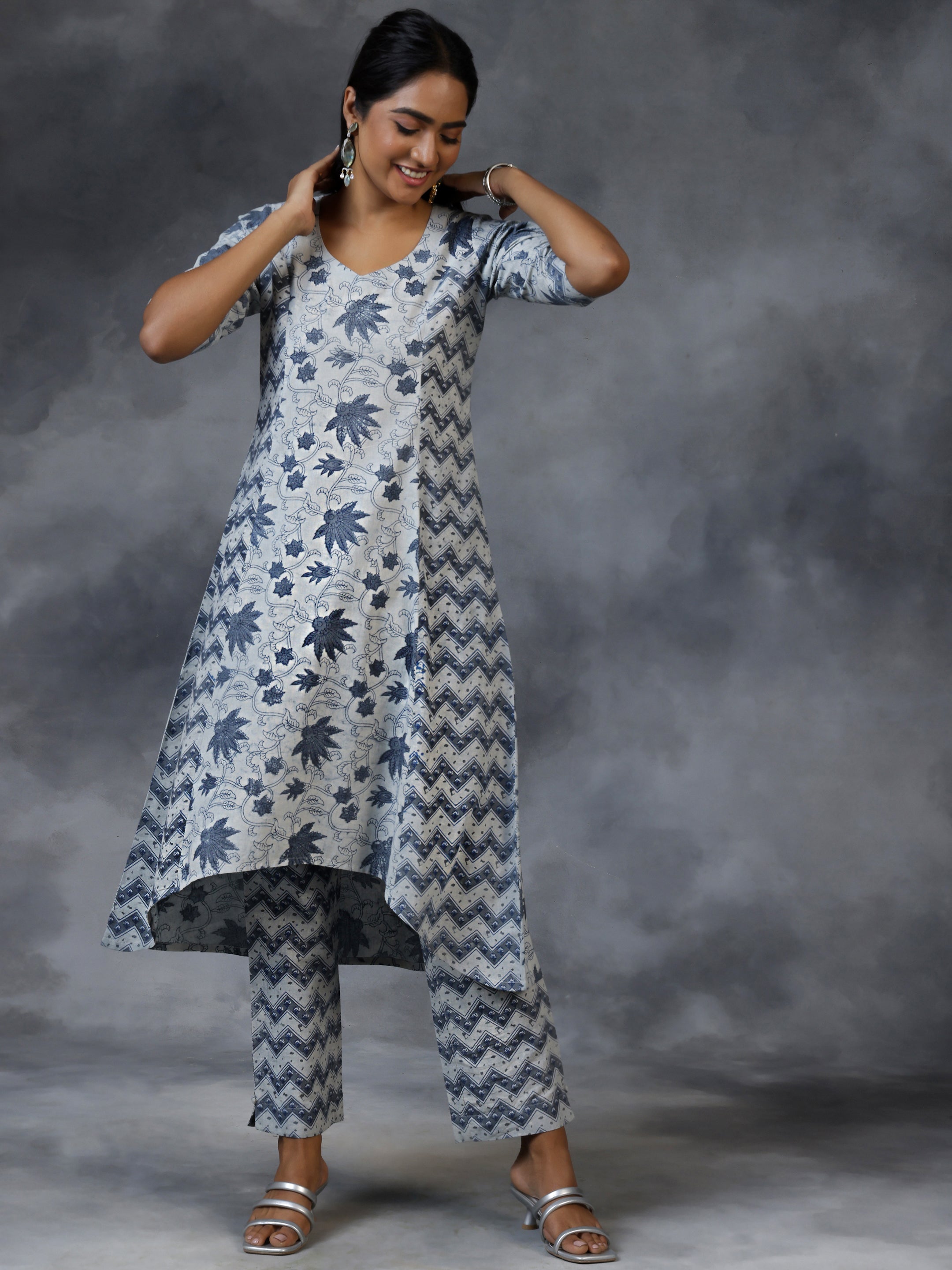 Grey Printed Cotton A-Line Kurta With Palazzos