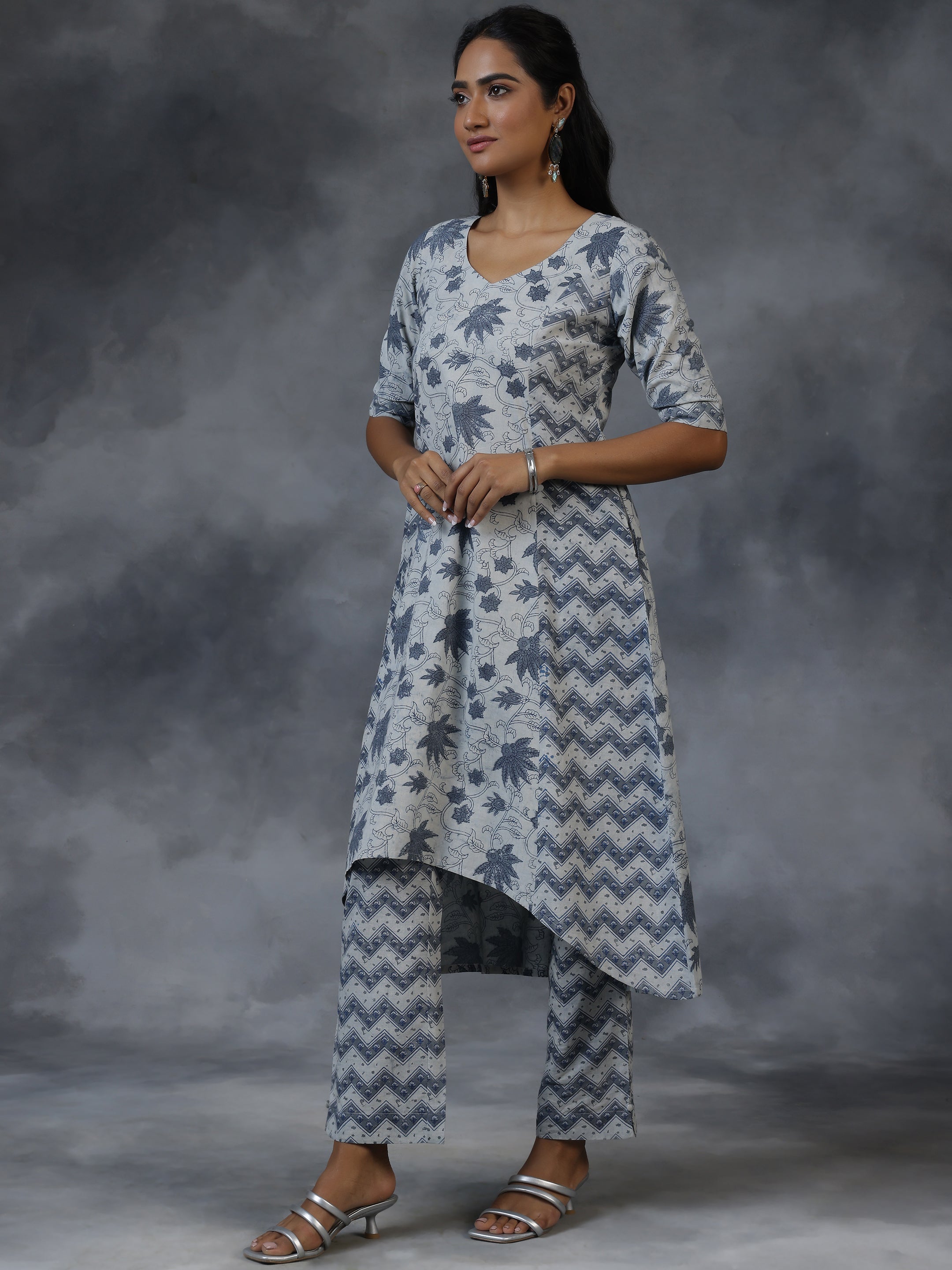 Grey Printed Cotton A-Line Kurta With Palazzos