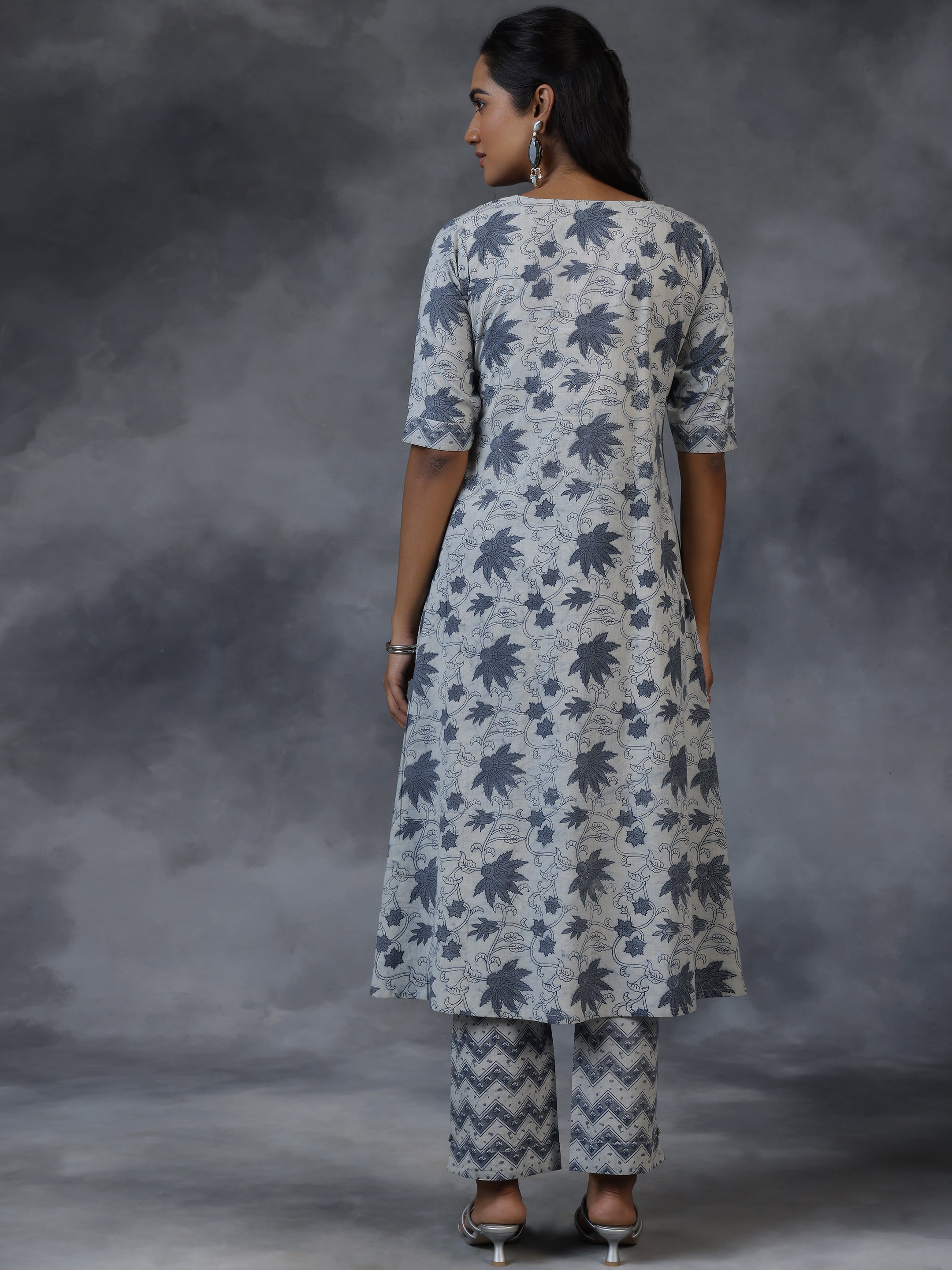 Grey Printed Cotton A-Line Kurta With Palazzos