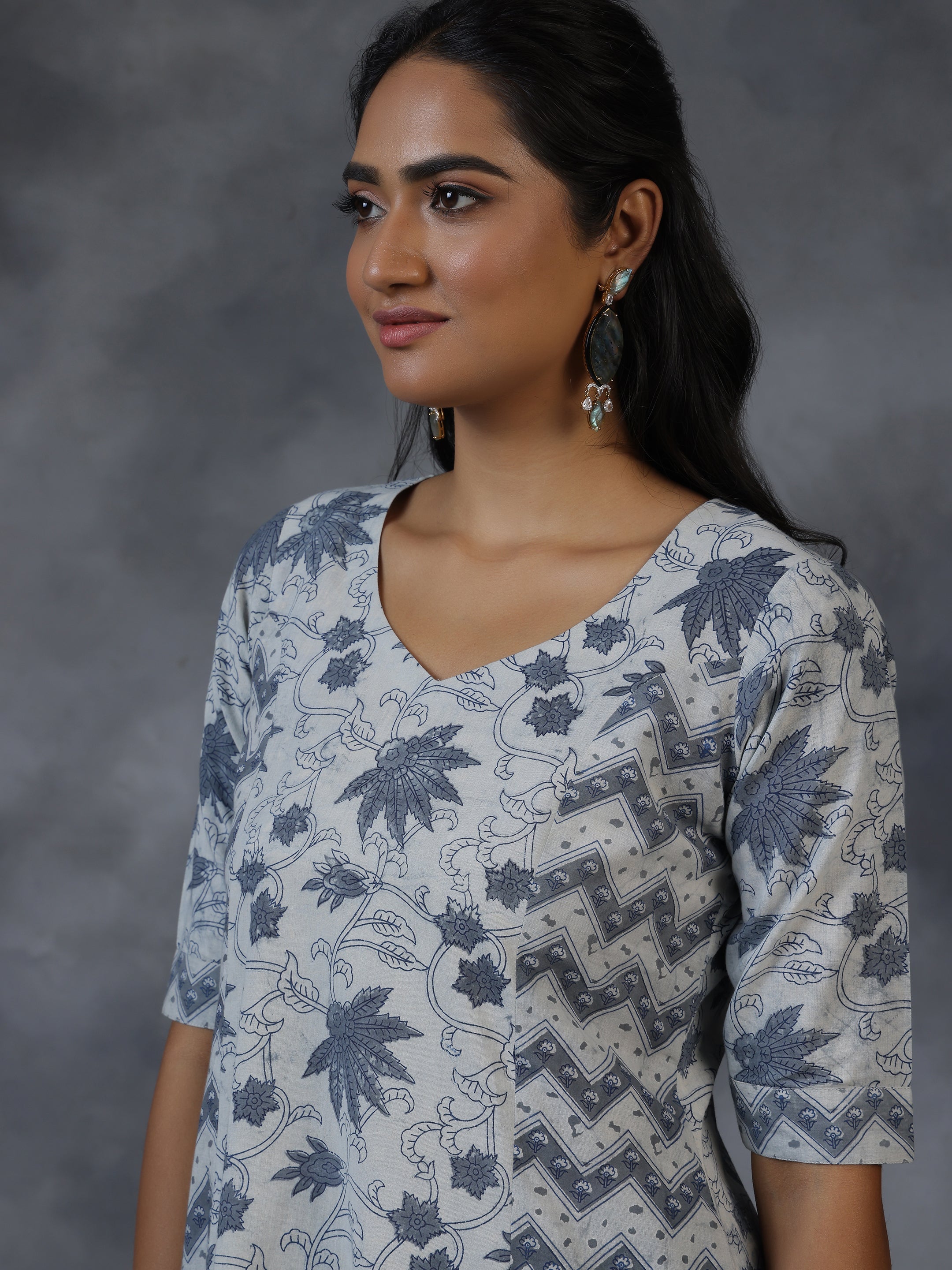 Grey Printed Cotton A-Line Kurta With Palazzos